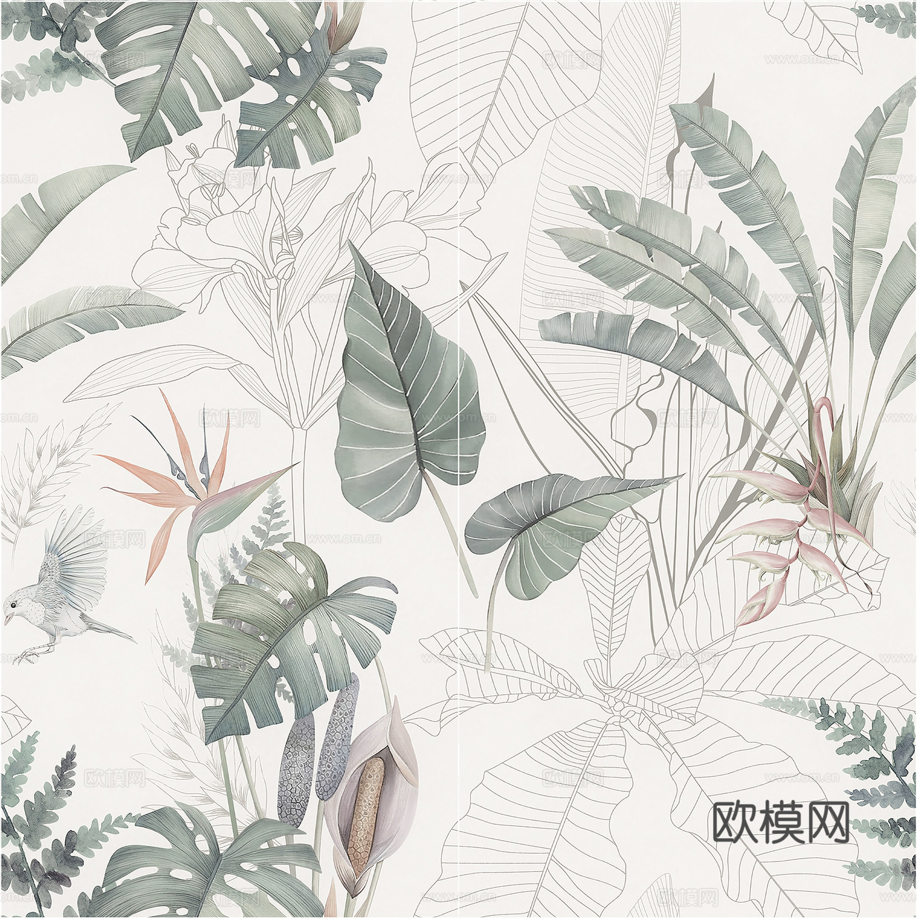 奶油法式花纹砖_清新_森系_植物花纹砖_厨卫砖