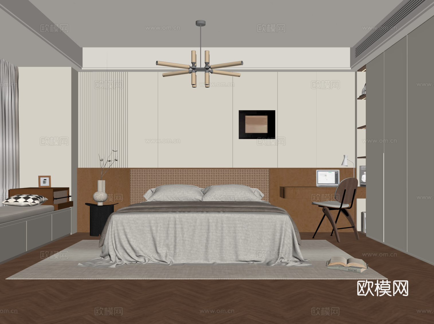 中古风卧室 双人床su模型