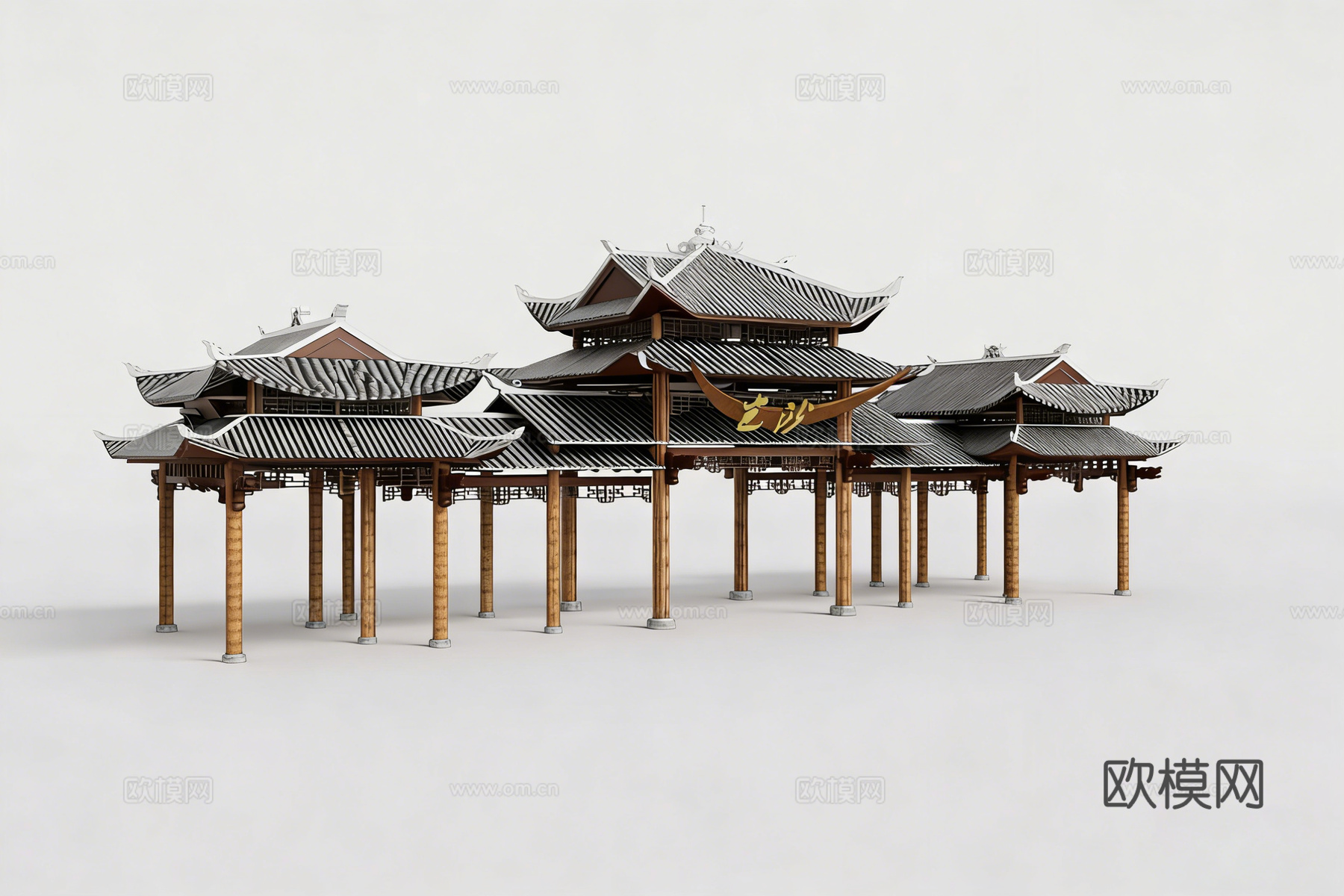 中式三间四柱三楼牌楼 木质结构su模型