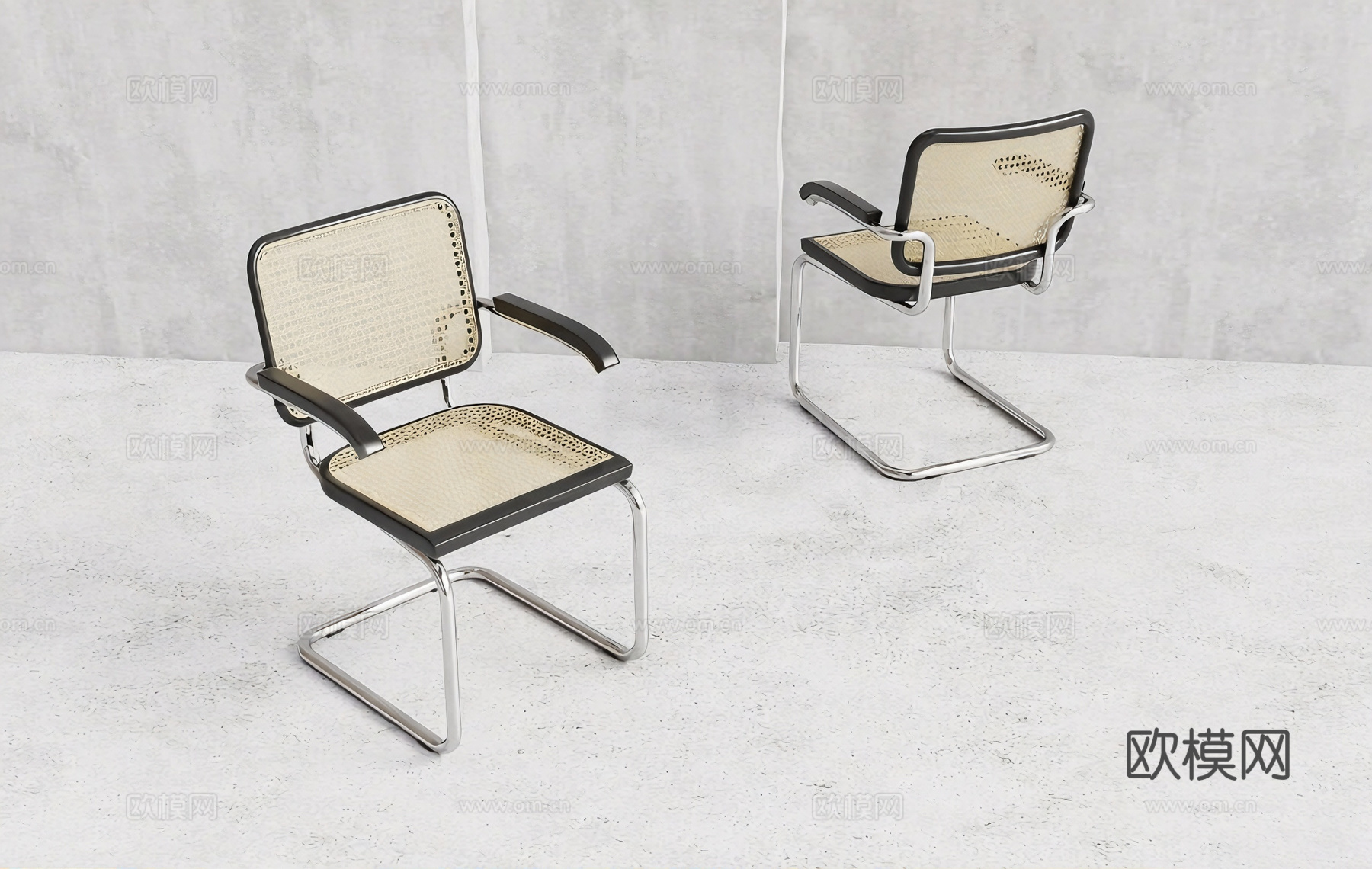 现代简约椅子 金属C形框架 编织椅 悬臂设计 黑色包边su模型