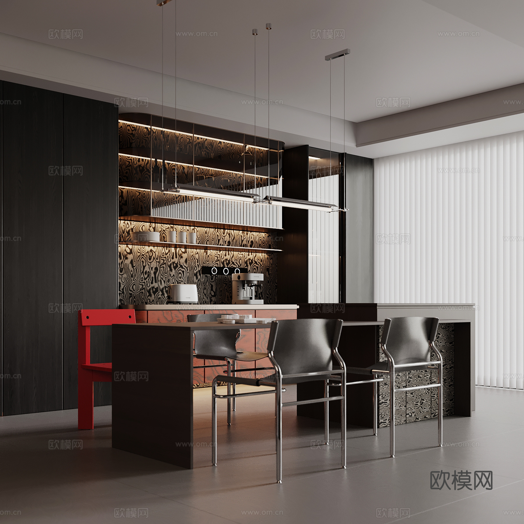 现代餐厅 酒柜 岛台 餐桌椅su模型