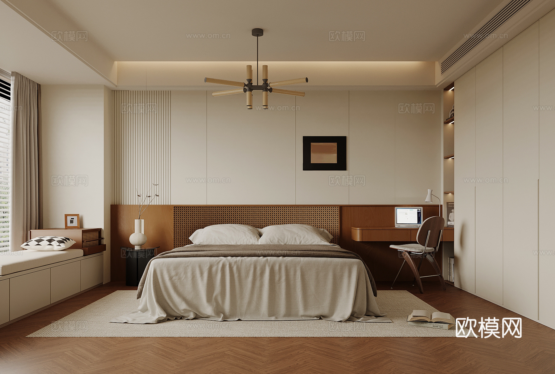 中古风卧室 双人床su模型