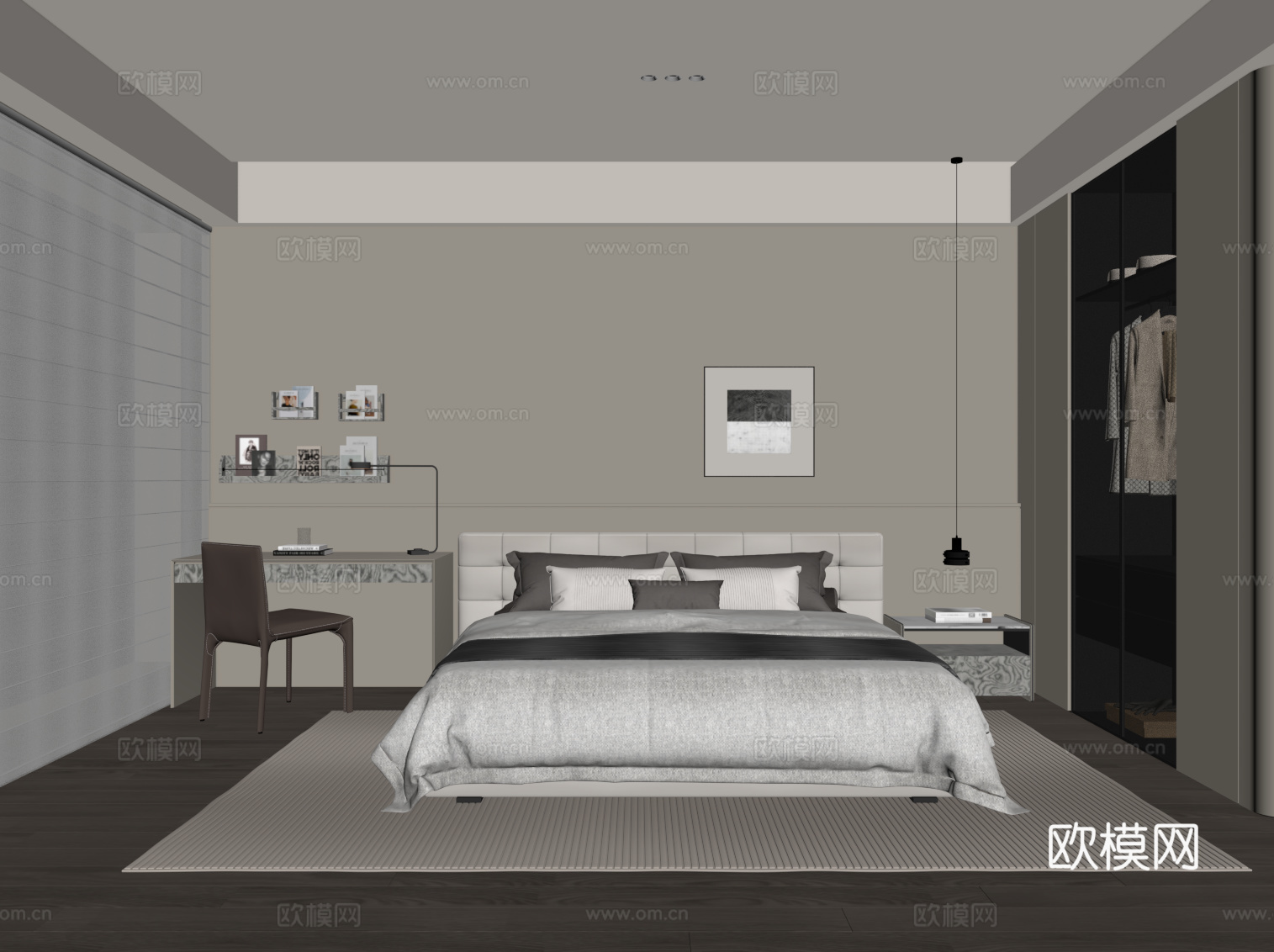 现代卧室 双人床 衣柜su模型