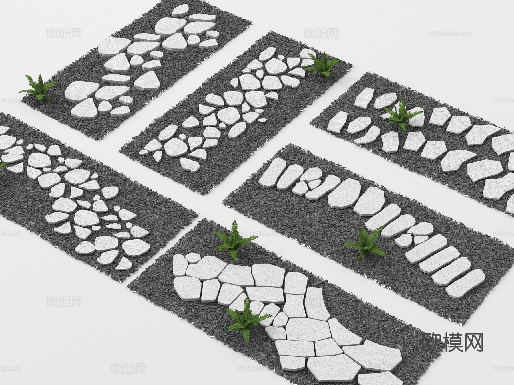 新中式汀步 青石板 园路铺装 碎石步道 地面铺装su模型