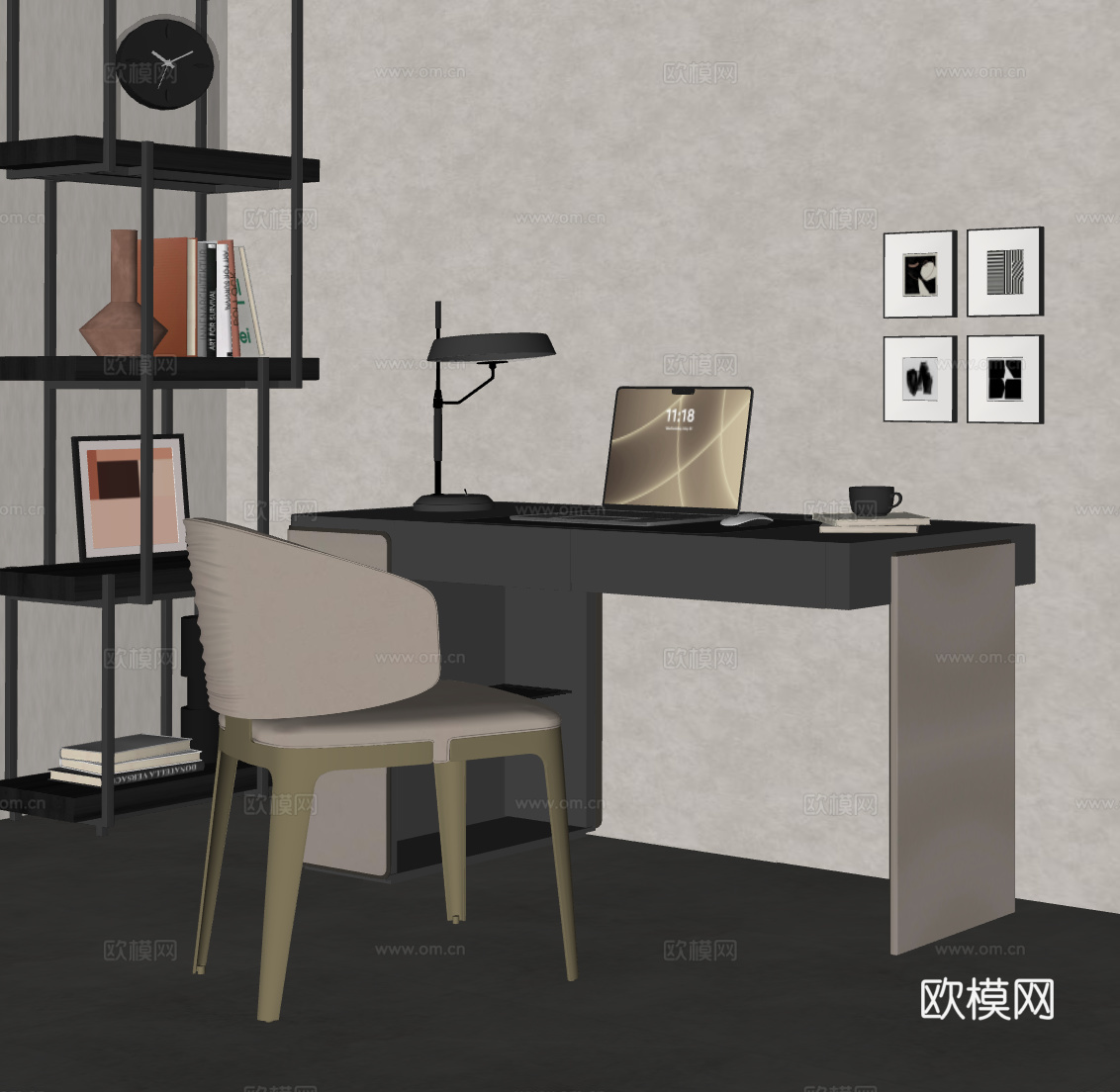 现代意式轻奢书桌椅 办公桌椅 笔记本电脑su模型