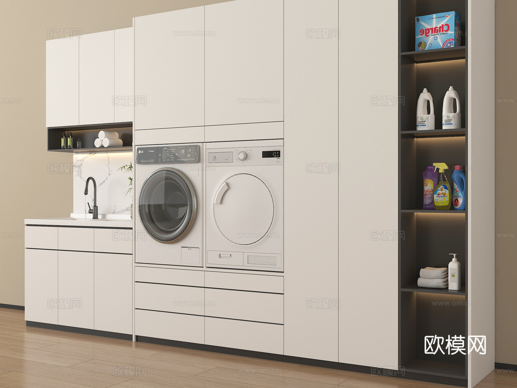 现代洗衣机柜 洗衣机 烘干机  卫浴小件su模型