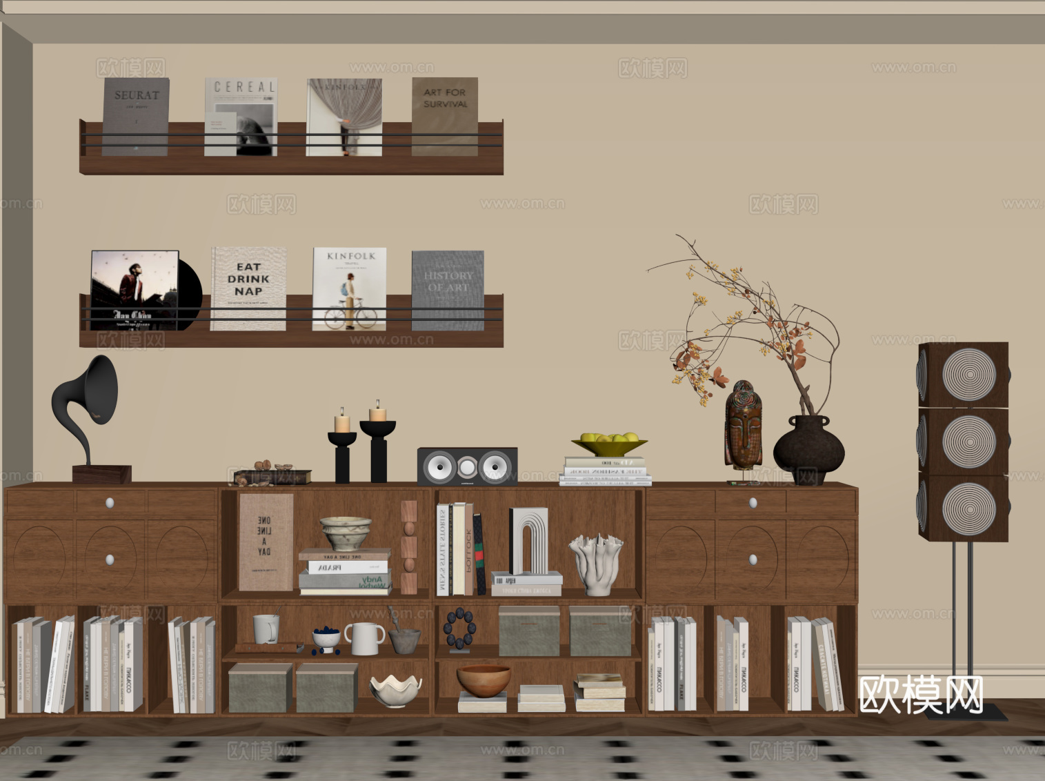 中古风书柜 矮柜 书架 落地灯su模型