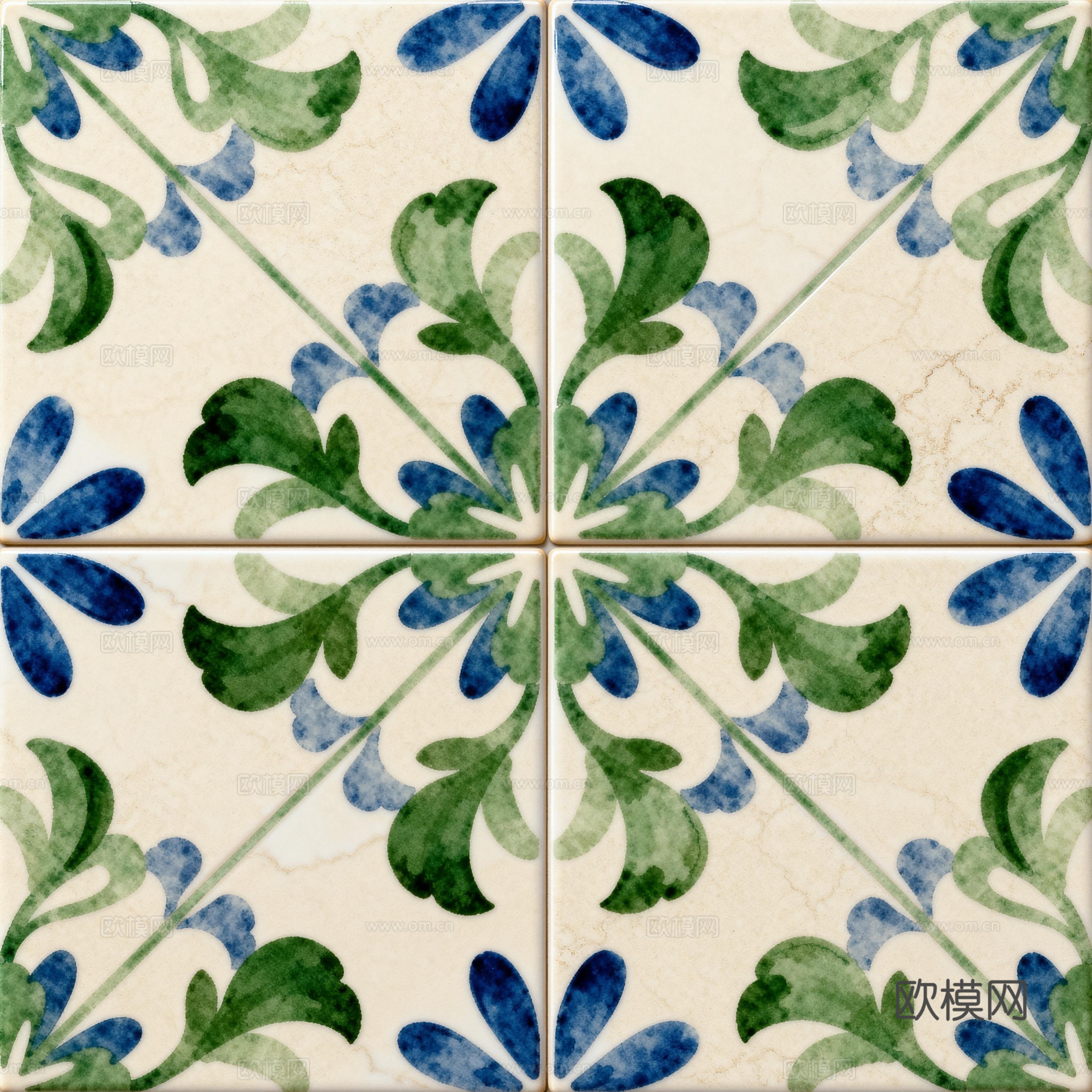 田园风 蓝绿色花砖 绿色手绘艺术花砖 工艺砖 花纹图案花砖