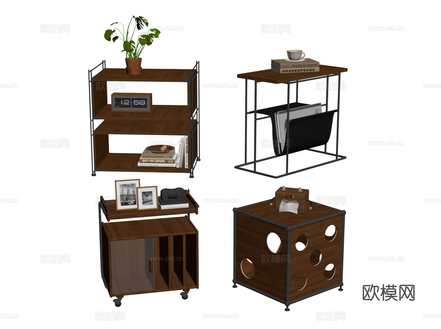 复古沙发边几 不锈钢边几 方形边几 置物架 收纳边柜su模型