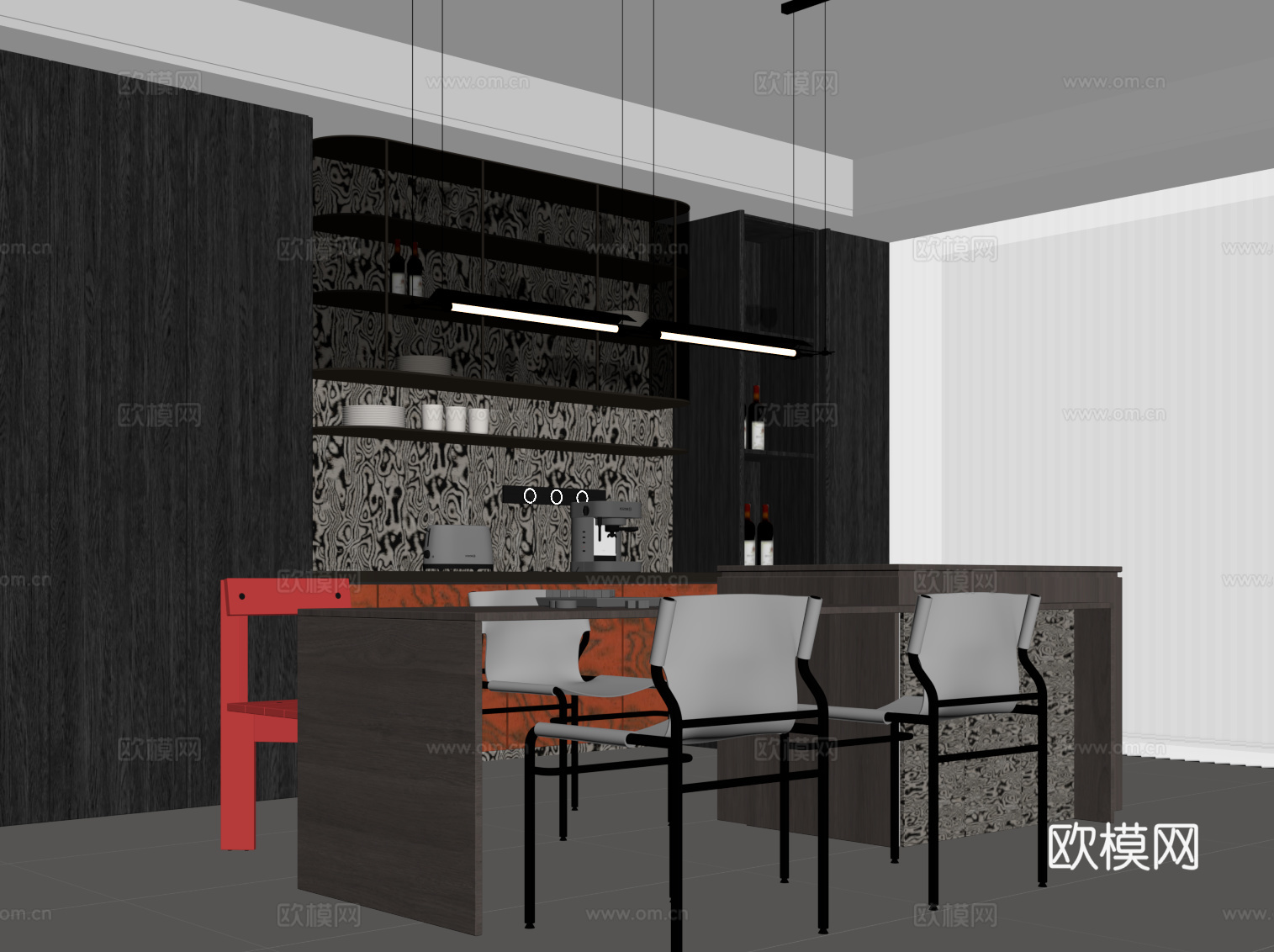 现代餐厅 酒柜 岛台 餐桌椅su模型