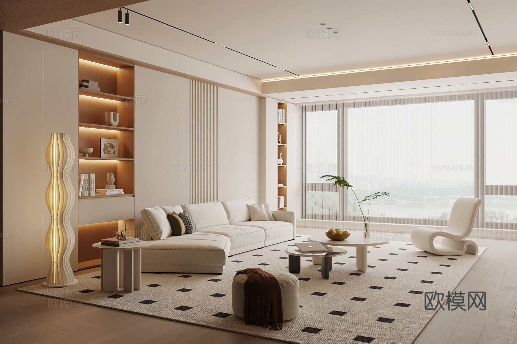 奶油风客厅 沙发茶几组合 背景墙su模型