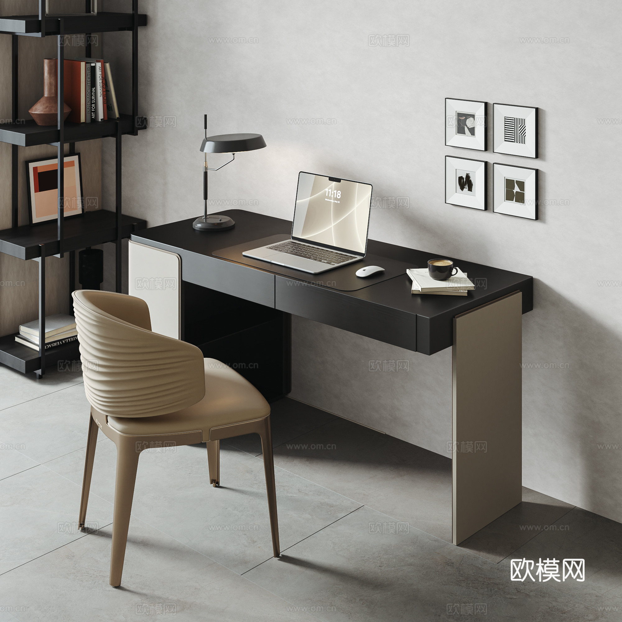 现代意式轻奢书桌椅 办公桌椅 笔记本电脑su模型