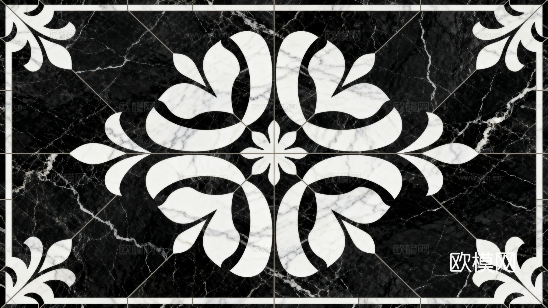 轻奢 黑白石材拼花 几何水刀石材拼花地砖 长方形玄关拼花