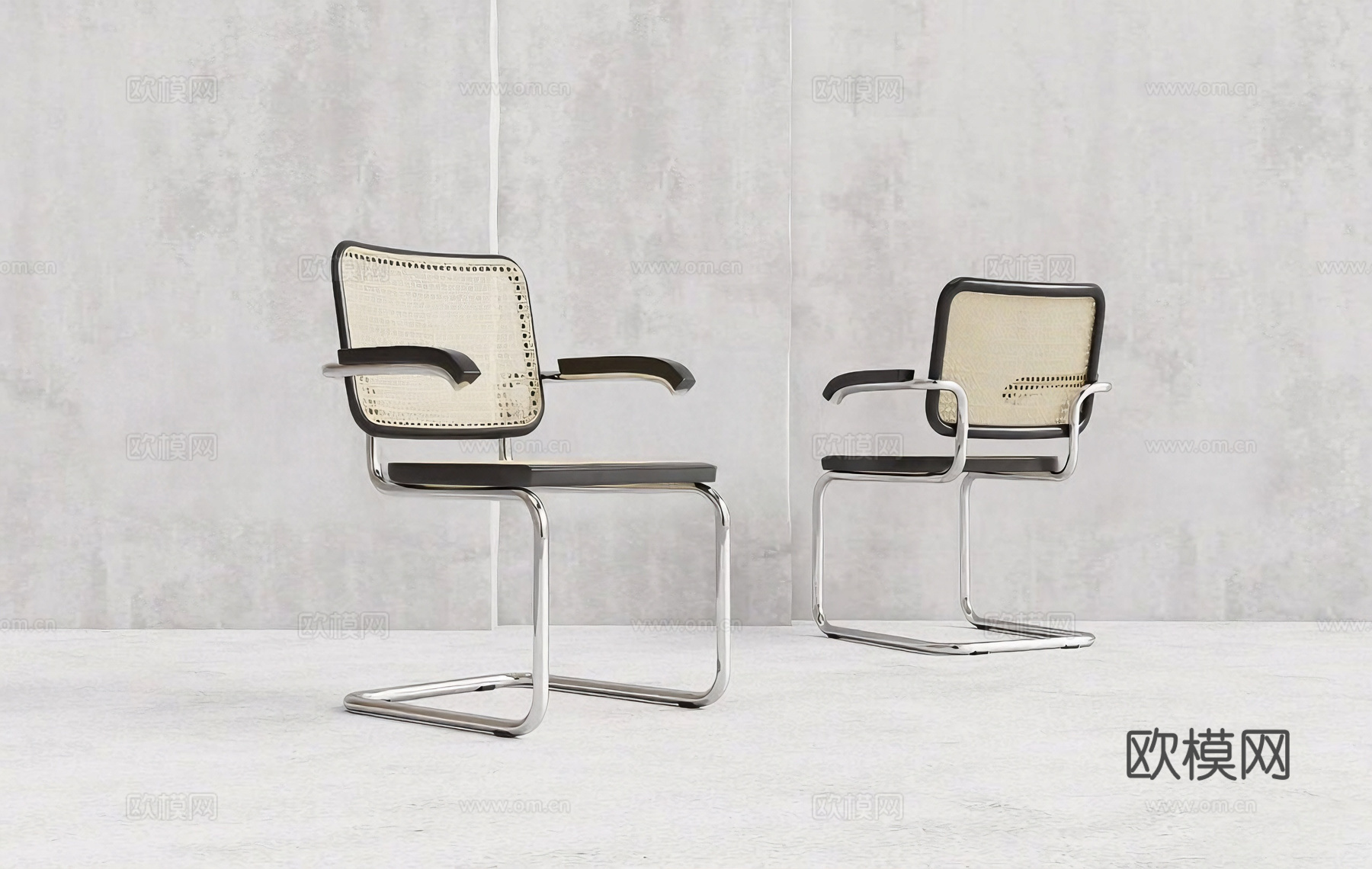 现代简约椅子 金属C形框架 编织椅 悬臂设计 黑色包边su模型
