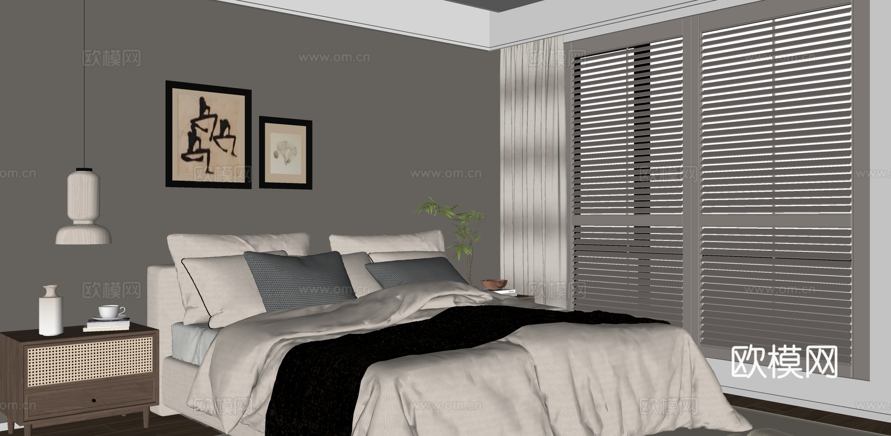 现代中古卧室su模型