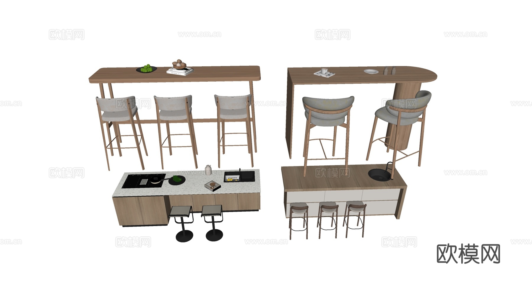 现代简约厨房吧台 岛台 岩板台面 实木柜体 高脚凳su模型