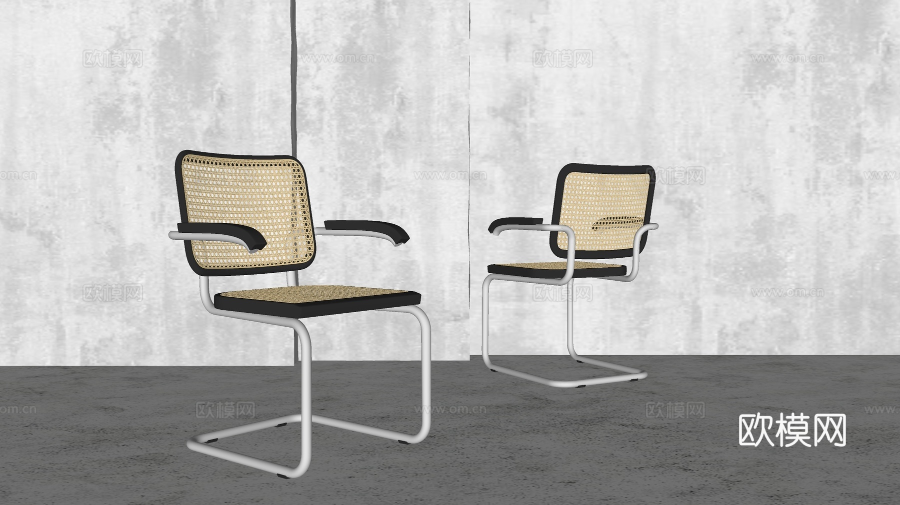 现代简约椅子 金属C形框架 编织椅 悬臂设计 黑色包边su模型