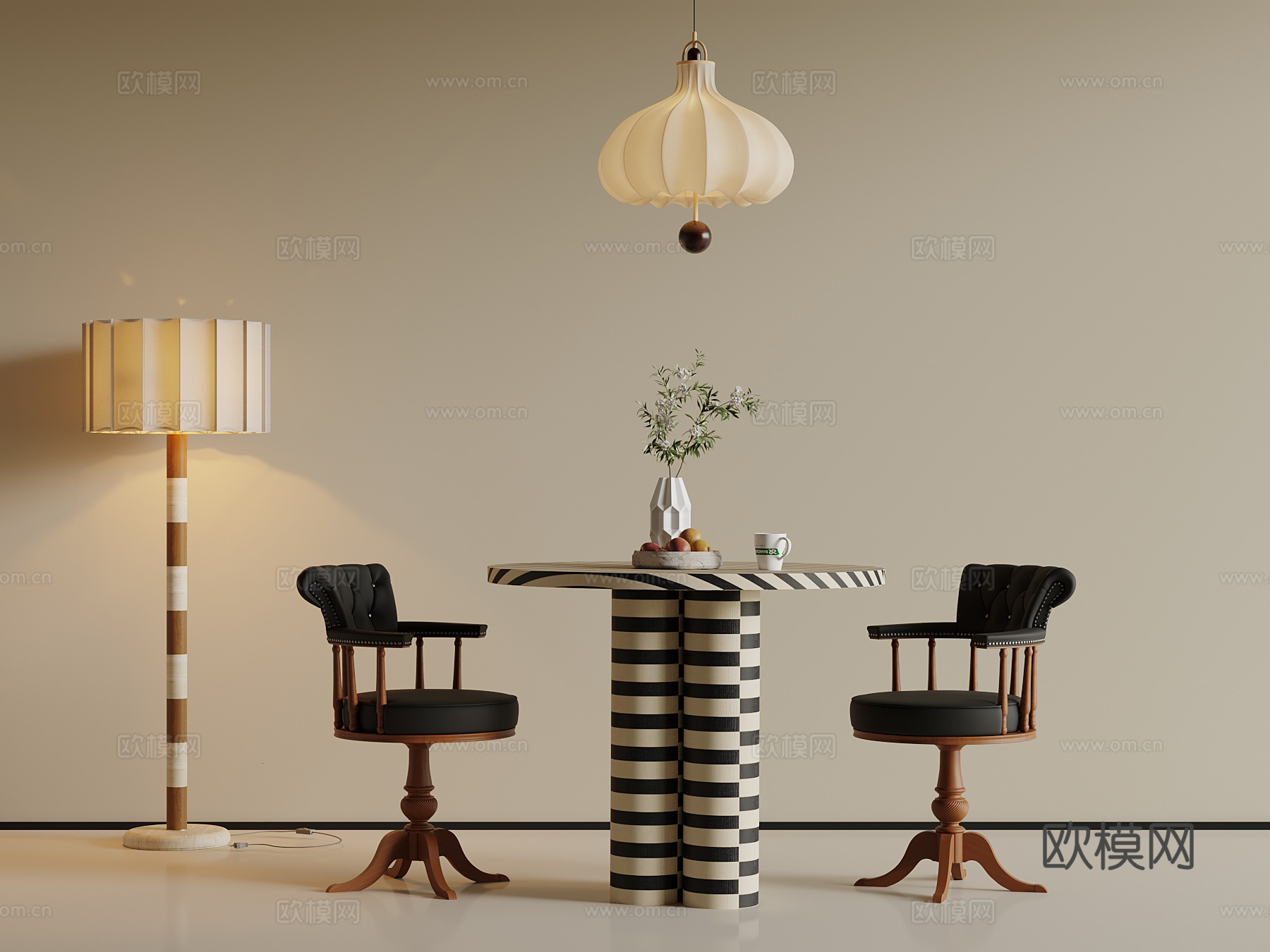 中古风餐桌椅 洽谈桌椅 落地灯su模型