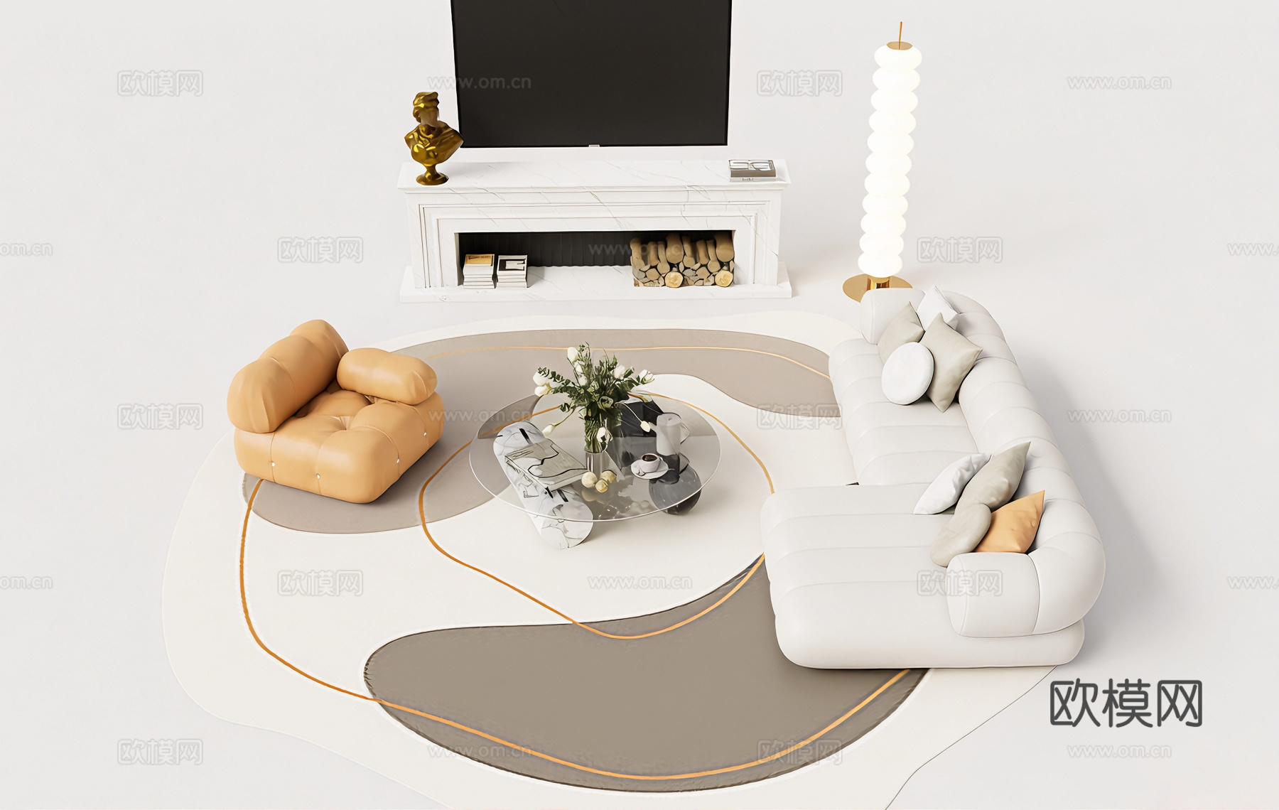 现代简约客厅家具 L型沙发 圆形茶几 壁炉su模型