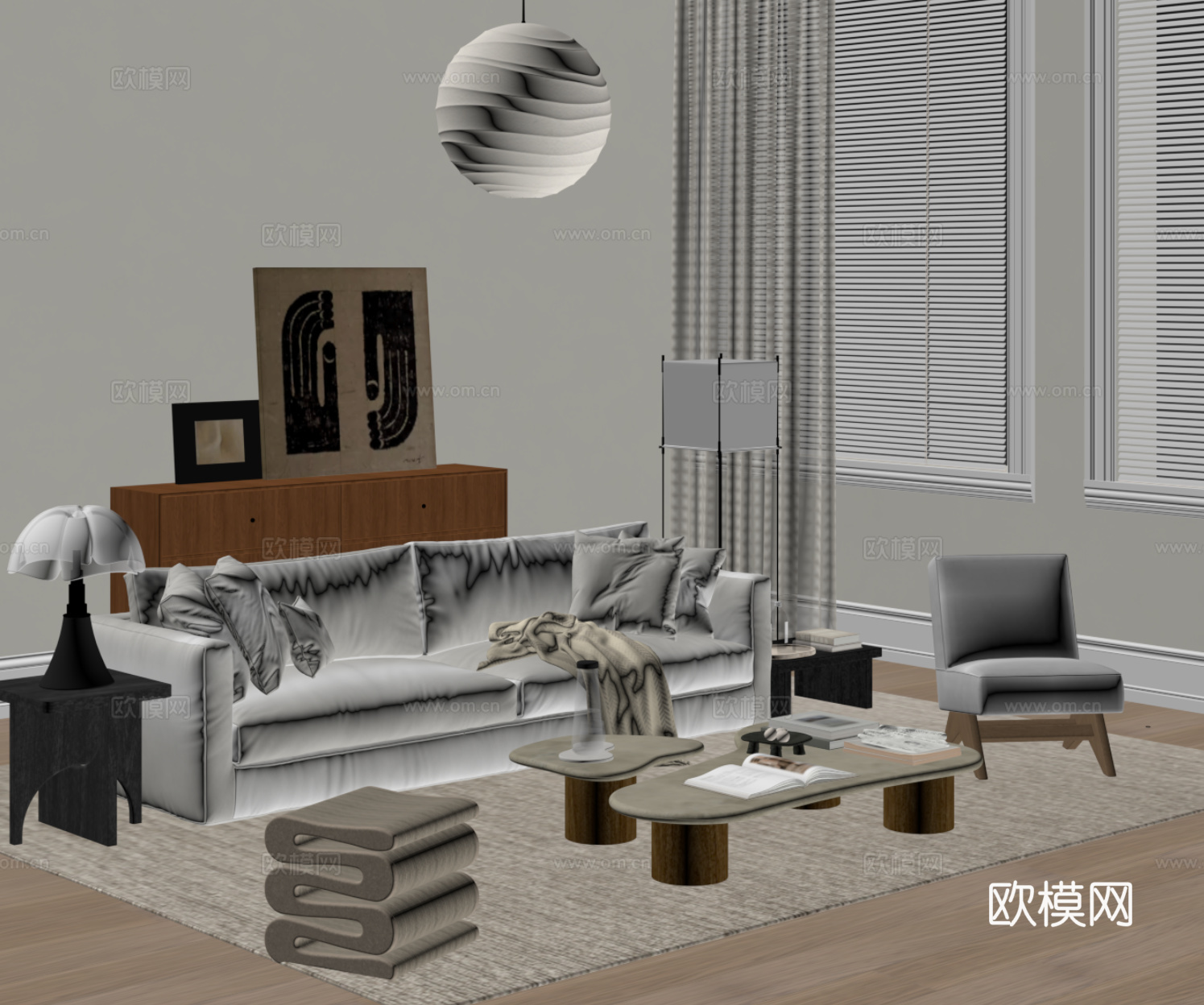 中古风沙发茶几组合 边柜su模型