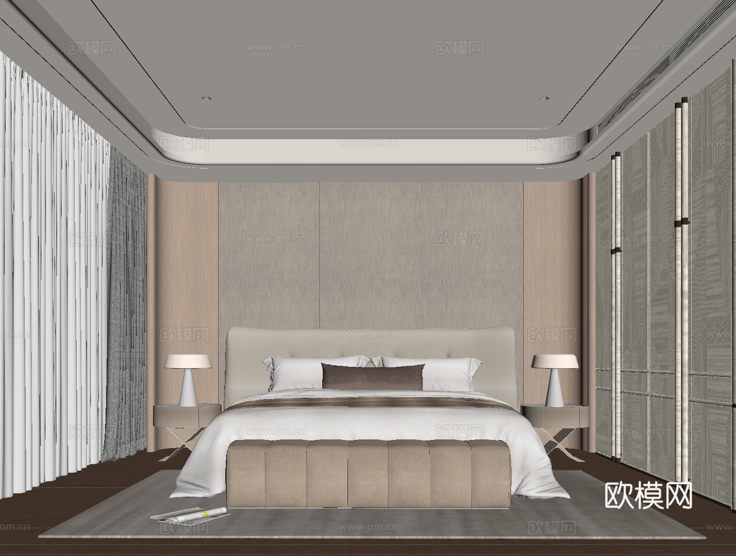 现代卧室 双人床su模型
