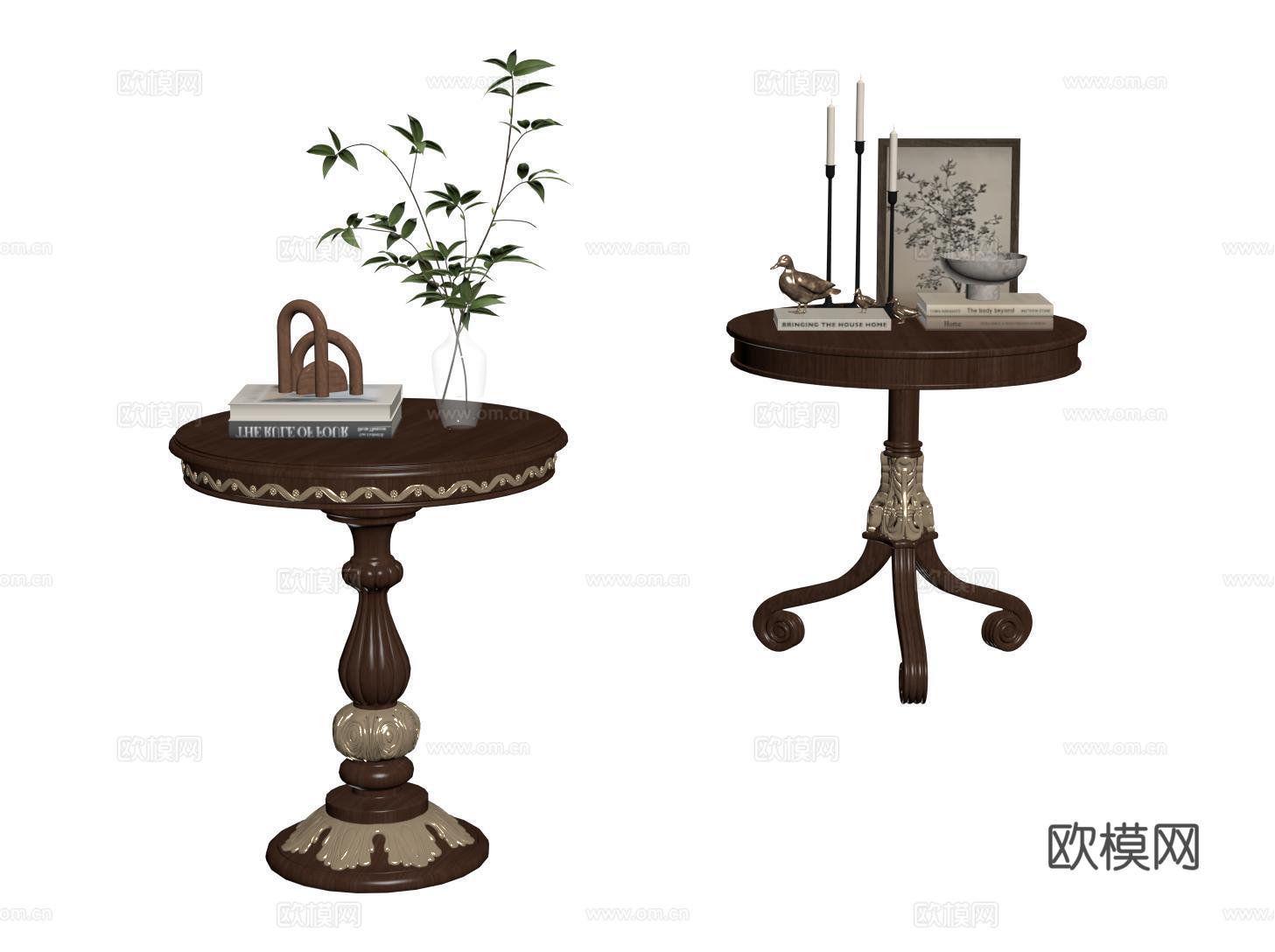 法式轻奢边几 复古小圆几 角几 实木小茶几 沙发边几su模型