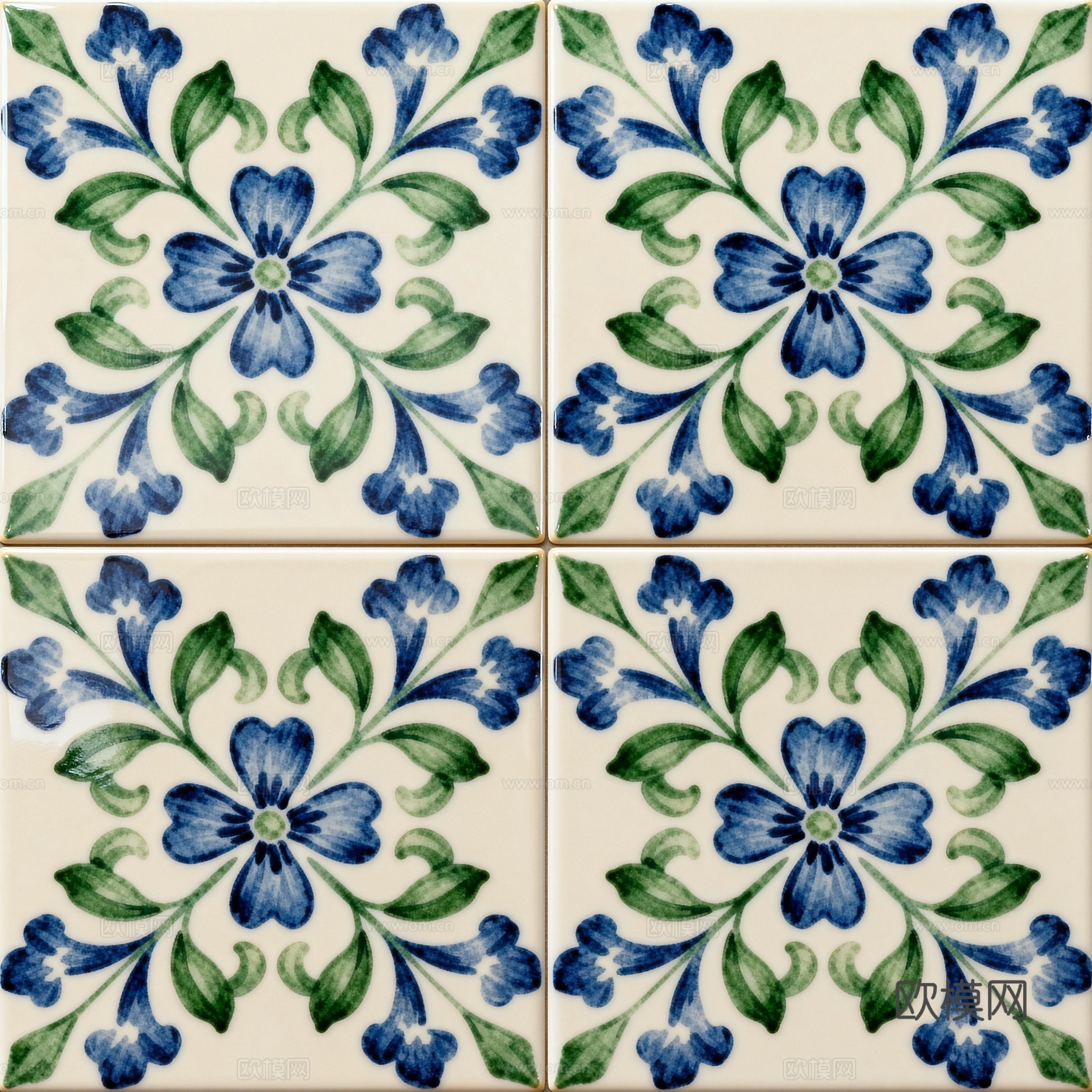 田园风 蓝绿色花砖 绿色手绘艺术花砖 工艺砖 花纹图案花砖