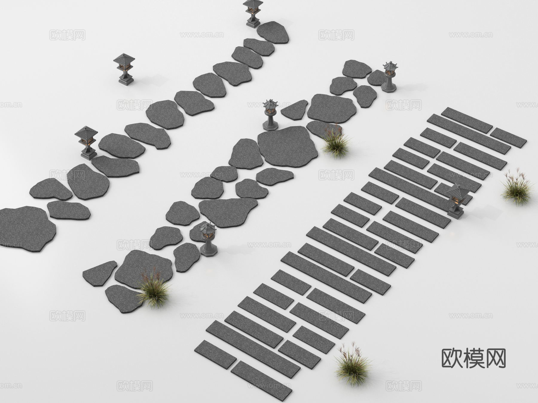 现代汀步 青石板 园路铺装 地面铺装su模型su模型