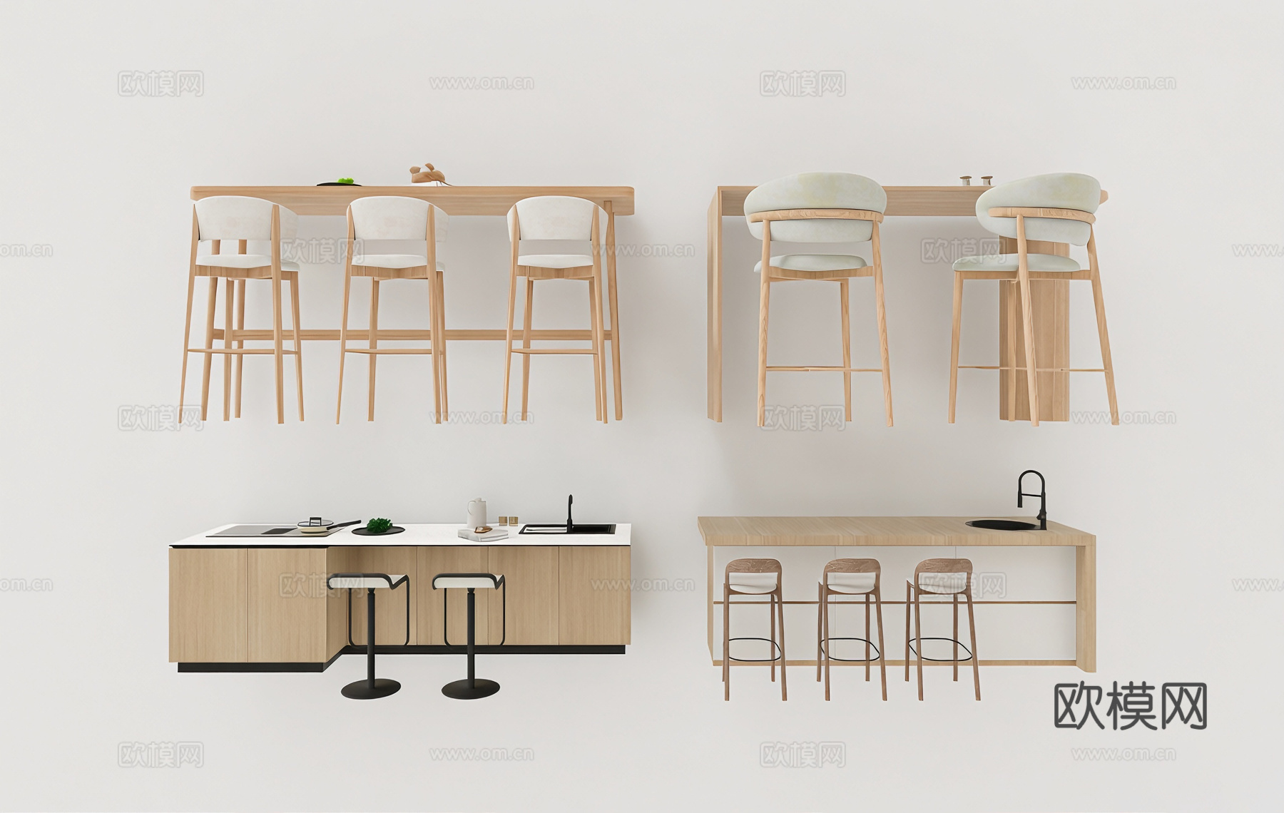 现代简约厨房吧台 岛台 岩板台面 实木柜体 高脚凳su模型