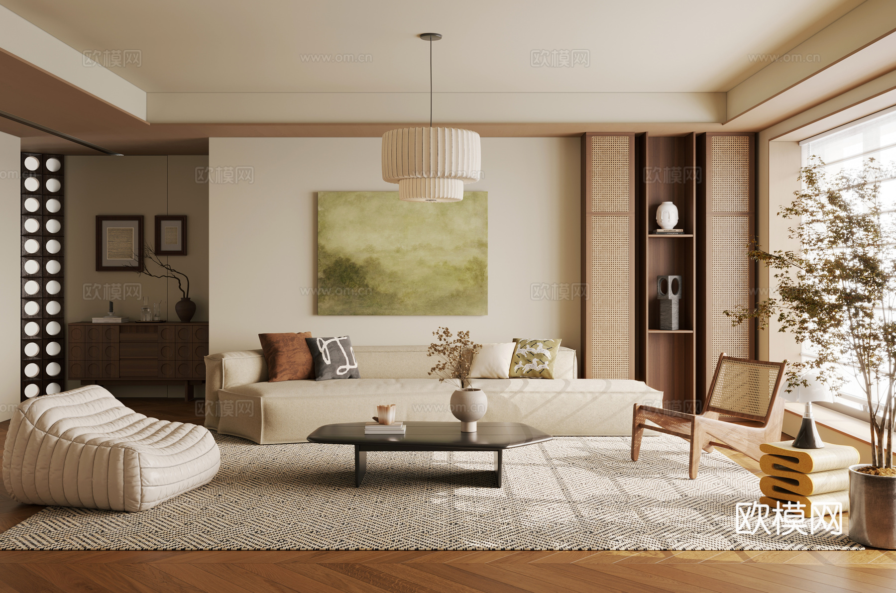 侘寂中古风客厅 复古风客厅  横厅3d模型下载