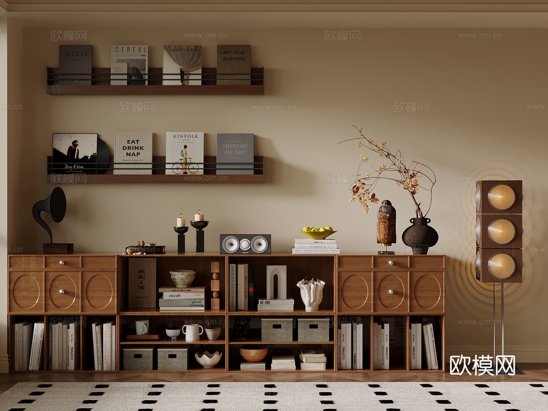 中古风书柜 矮柜 书架 落地灯su模型