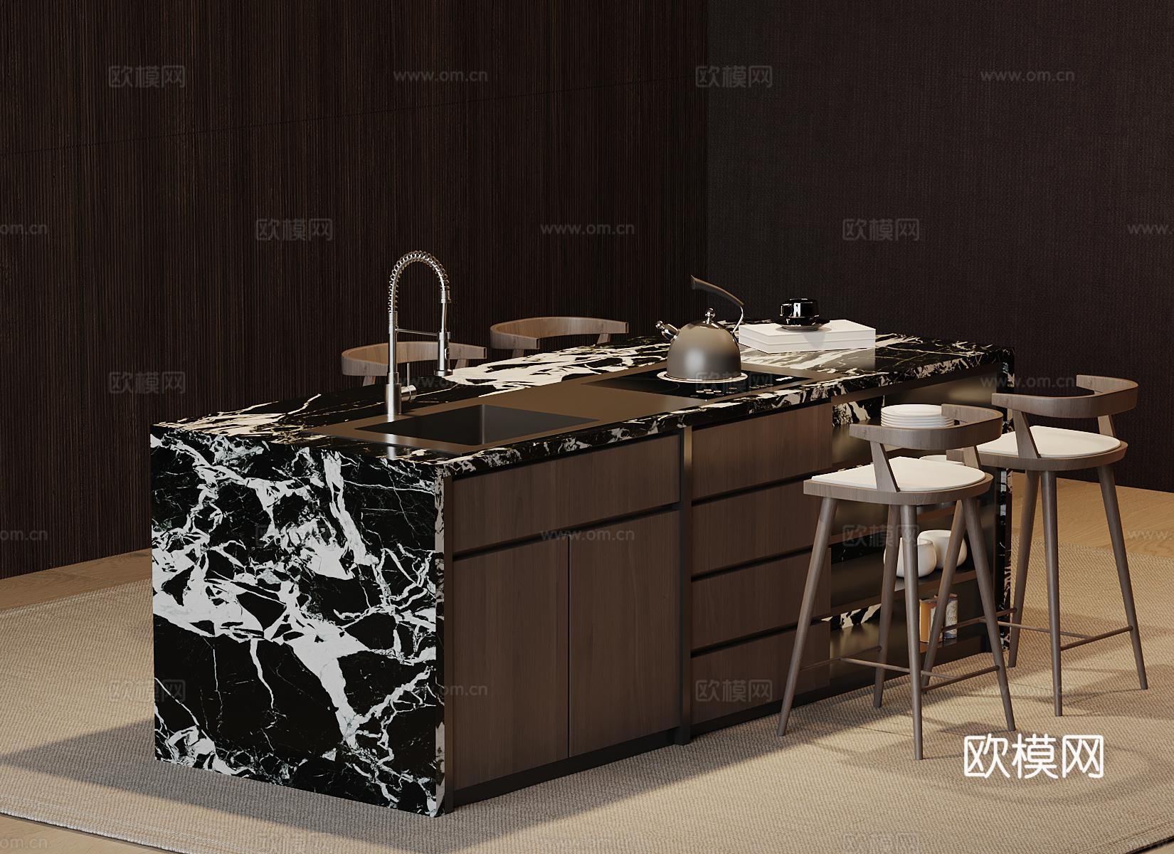 现代意式岛台 吧台 餐桌椅su模型