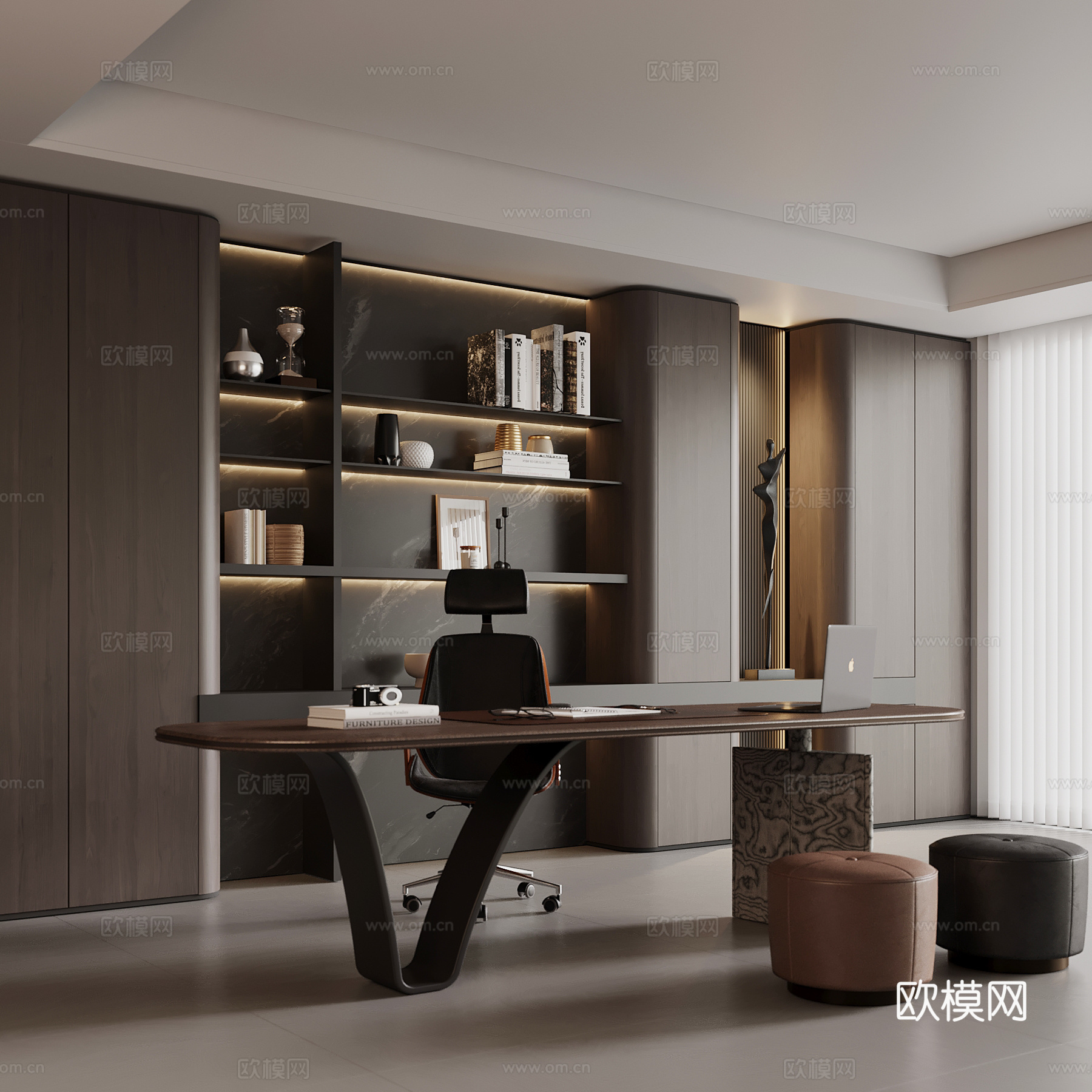 现代书房 书桌椅 书柜su模型