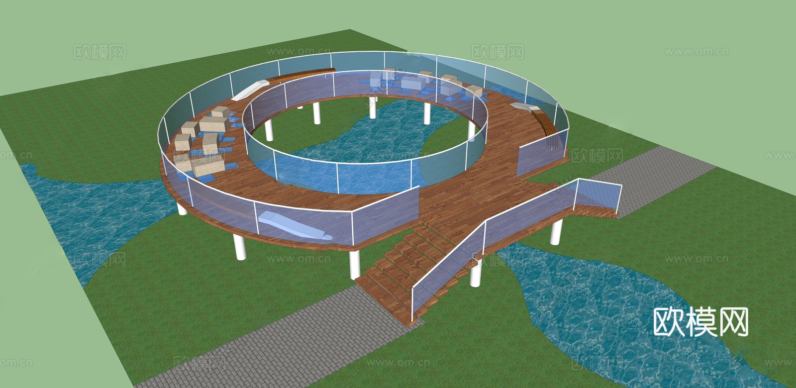 现代亲水平台 圆形平台 亲水栈道su模型