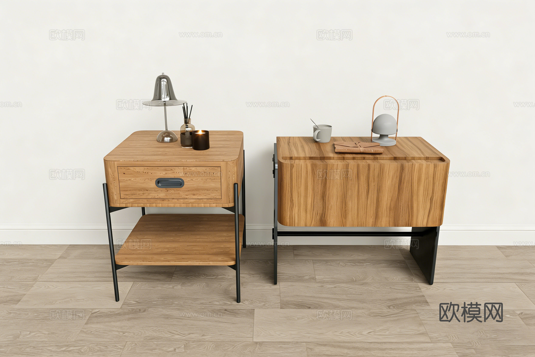 现代简约木质床头柜 边桌套组 黑色细腿 抽屉置物架su模型