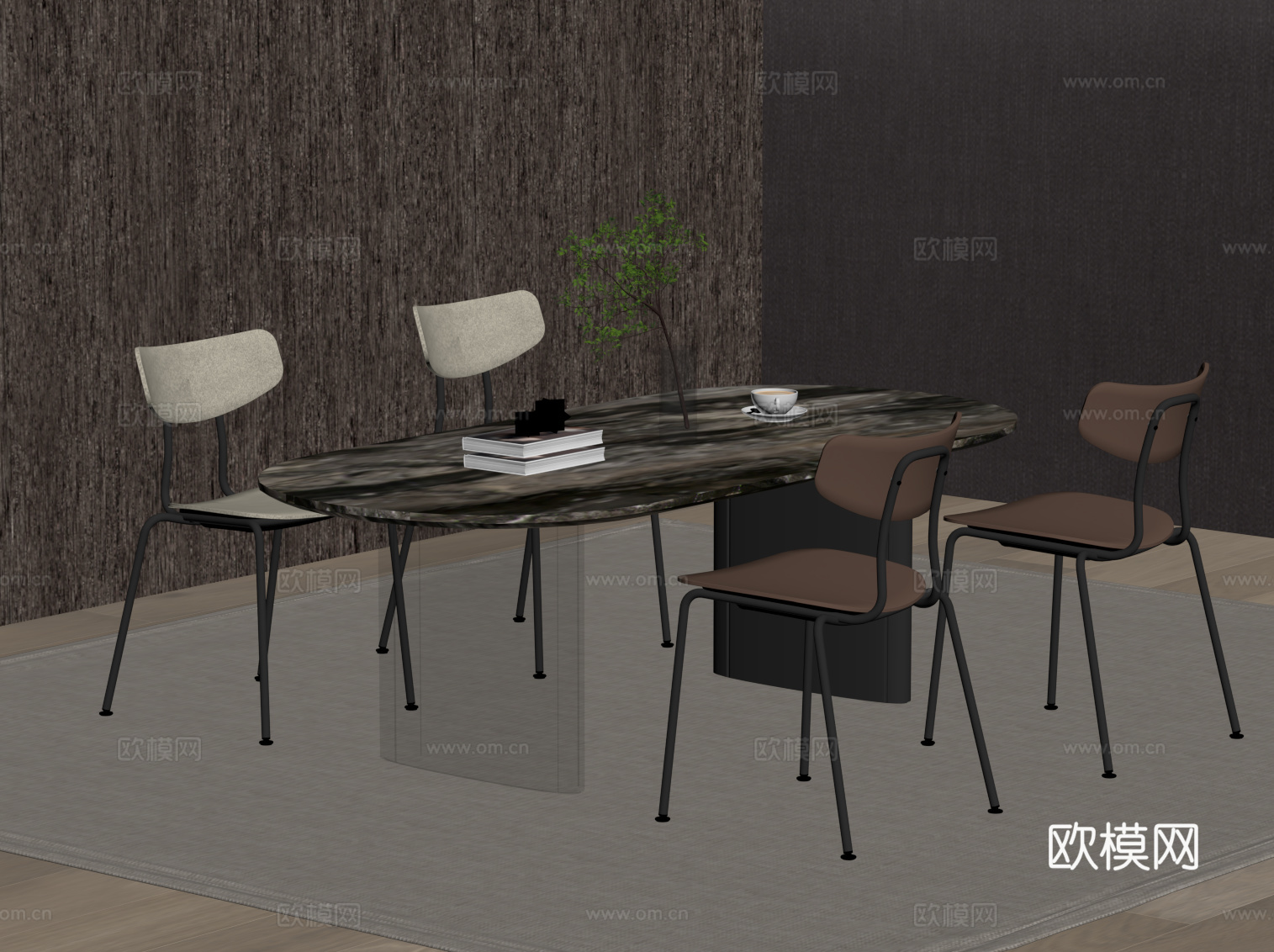 现代餐桌椅 条形餐桌su模型