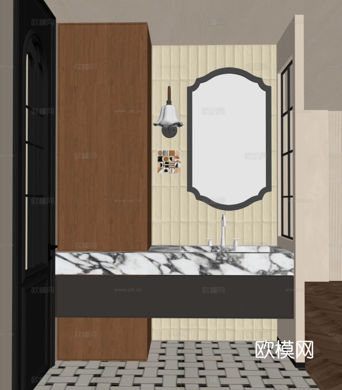 中古风卫生间 干区 浴室柜su模型