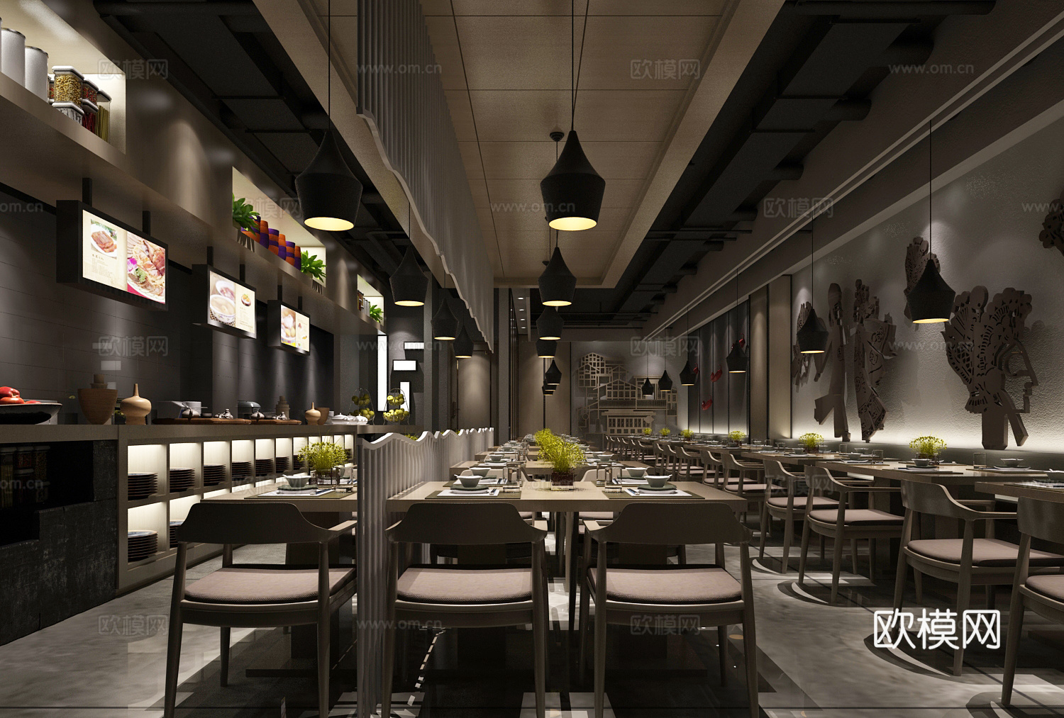 工装 餐厅 木质桌椅 吊顶 调料架 墙式3d模型下载（渲染图2）