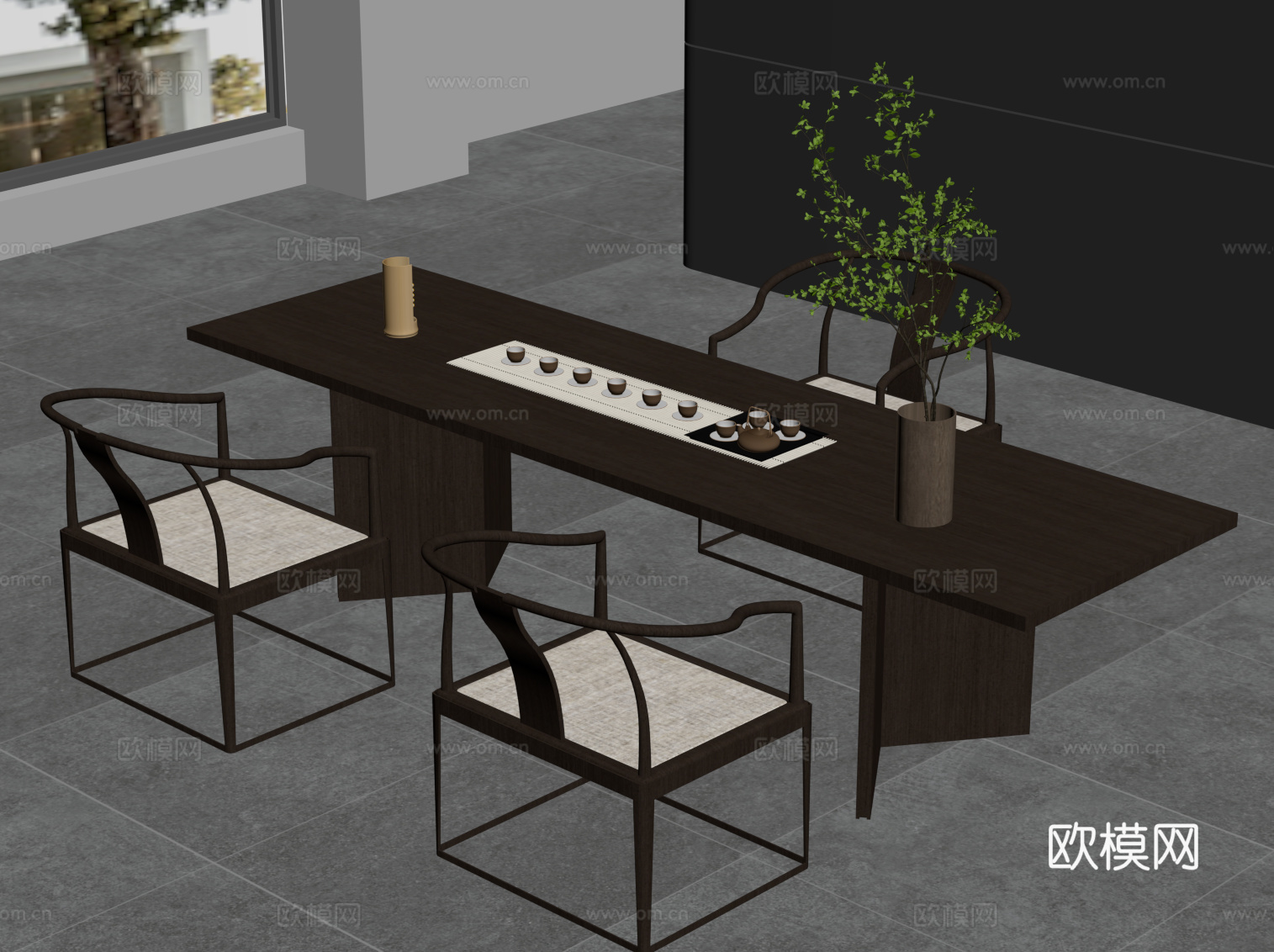 新中式茶桌椅 实木茶桌su模型