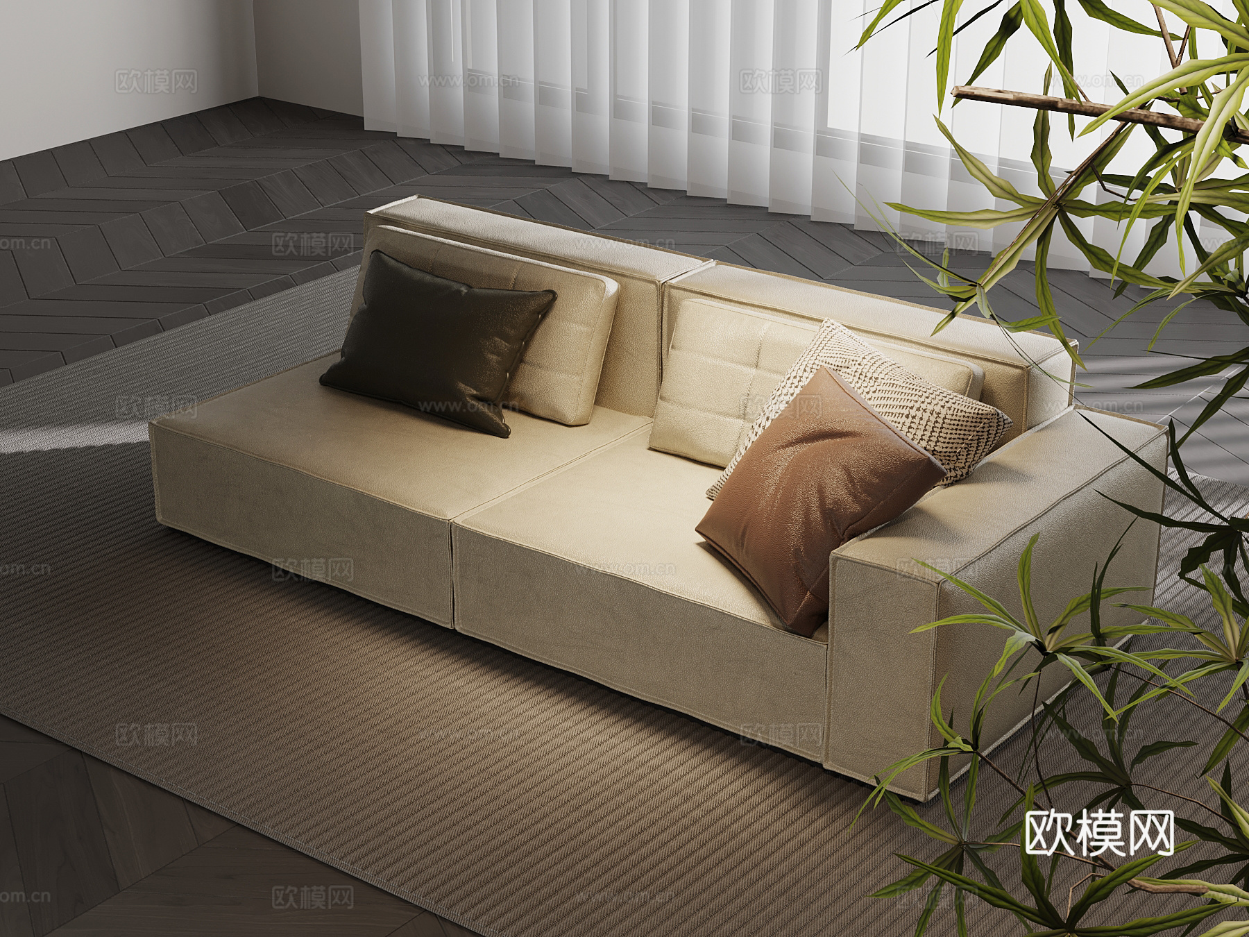 现代双人沙发 皮革沙发su模型