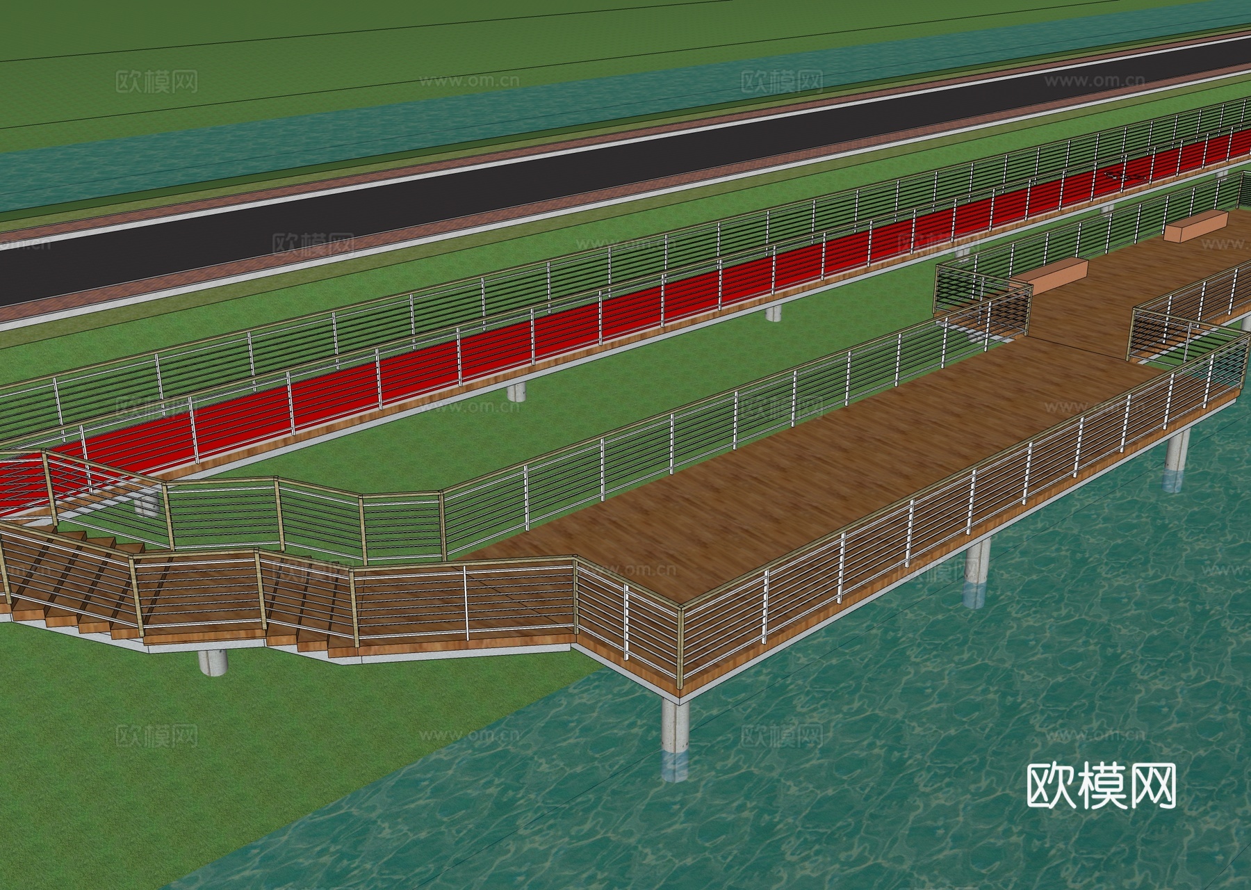 现代滨水栈道 观景平台 步道 自行车道su模型