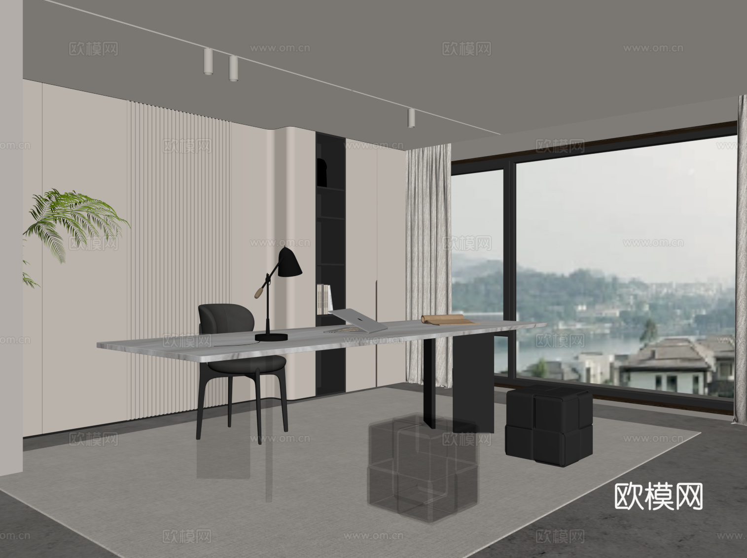 现代书房 书桌椅 背景墙su模型