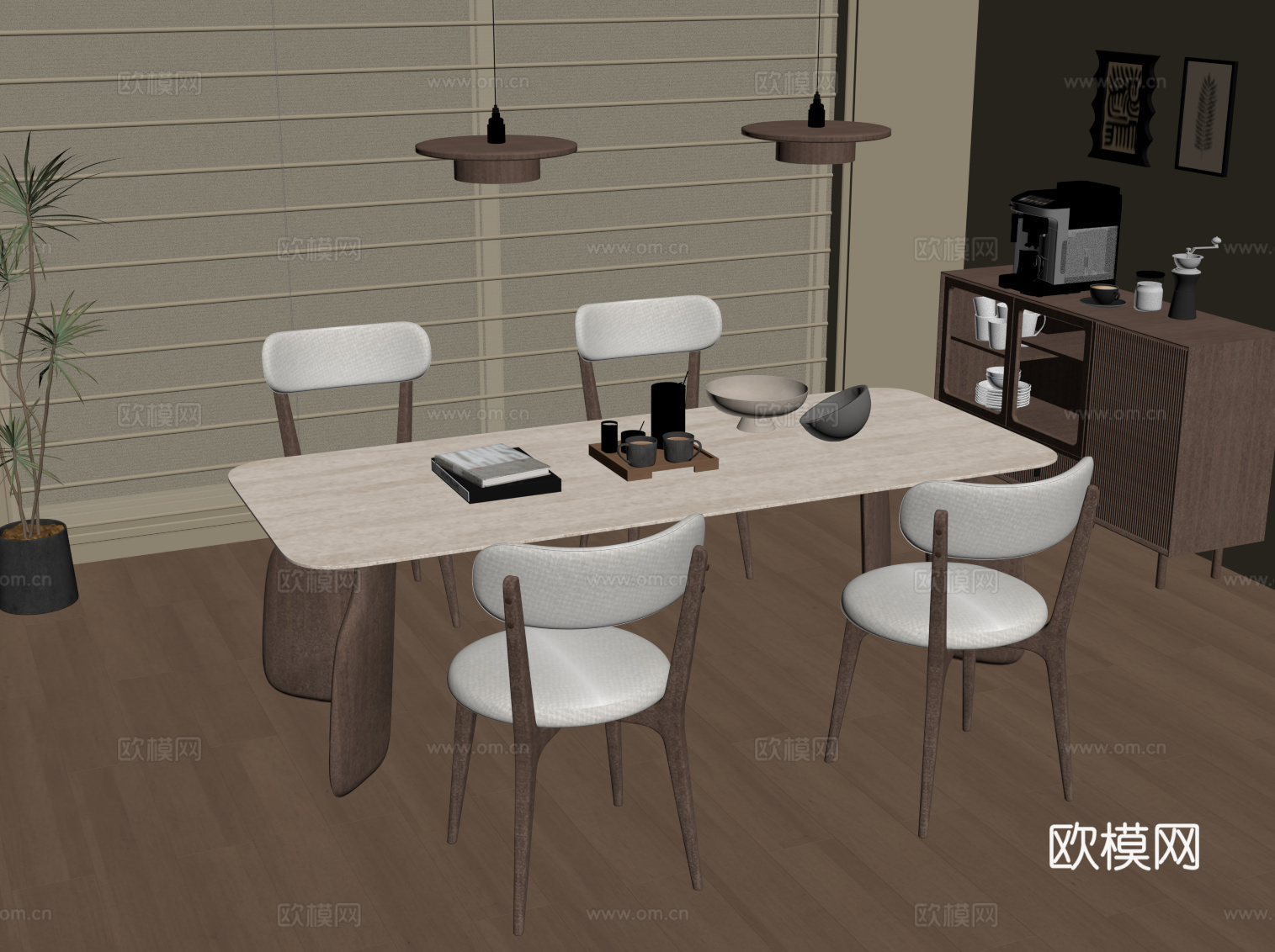 现代中古风餐厅 餐桌椅 餐边柜su模型