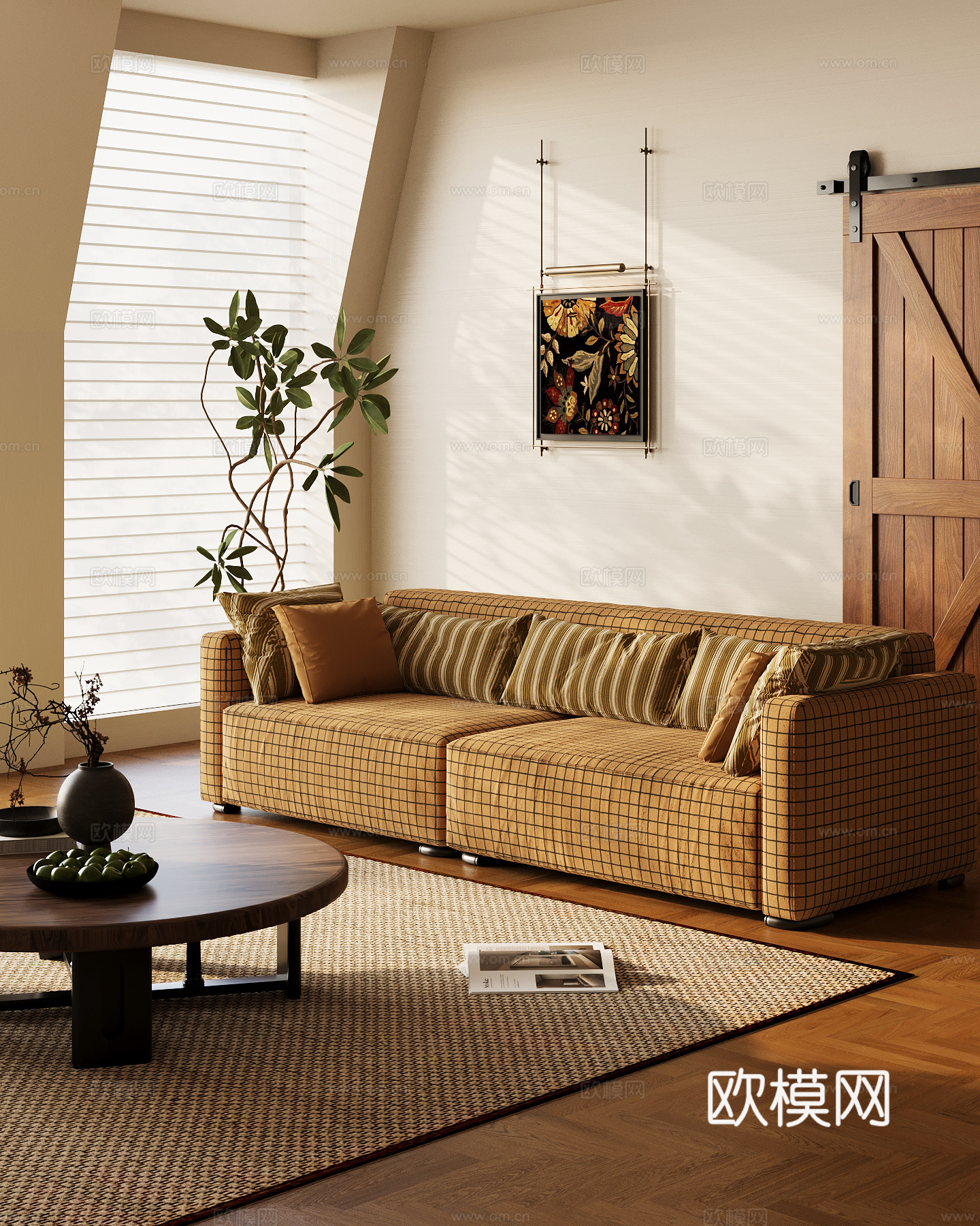 现代中古风多人沙发 布艺休闲沙发su模型