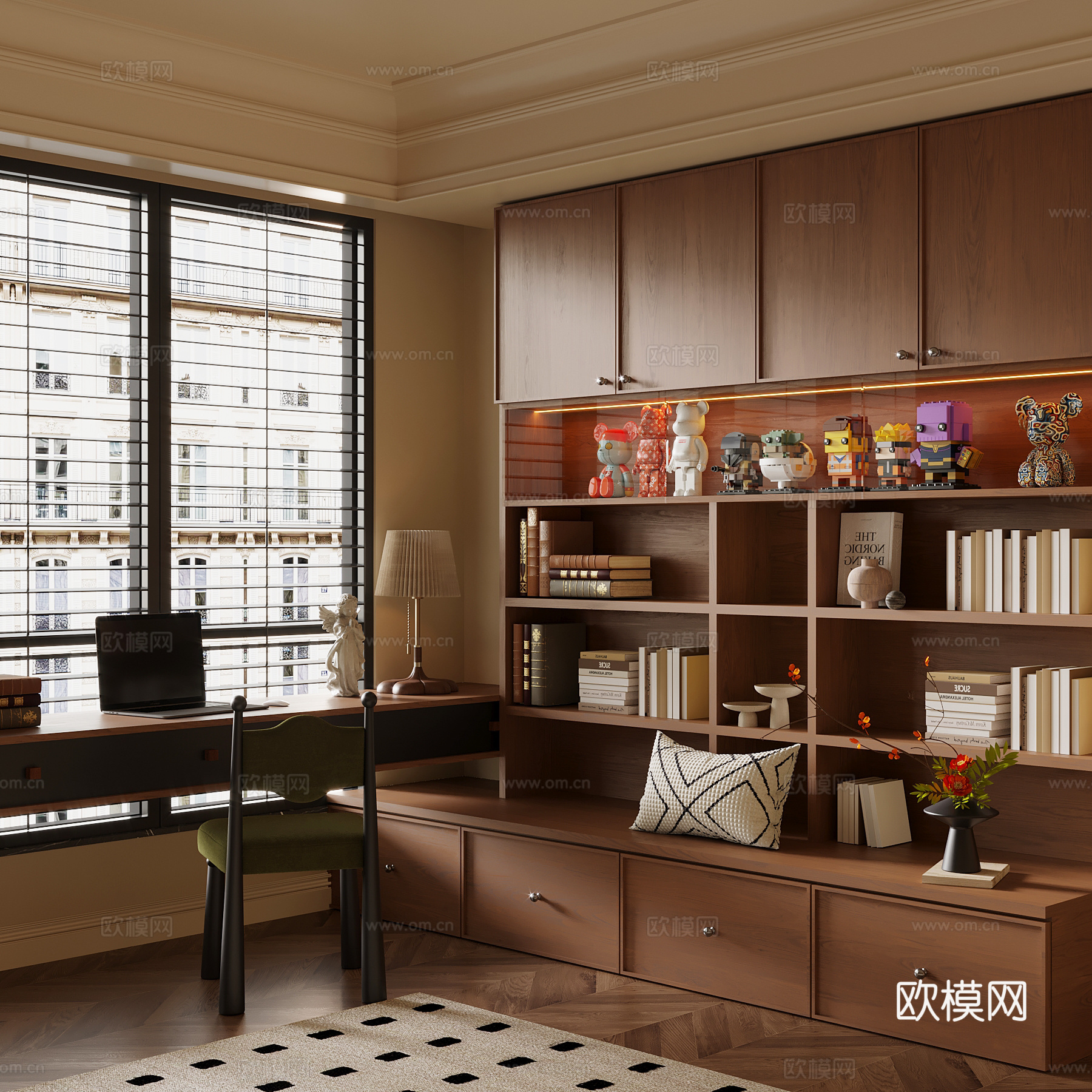 中古风书柜 书桌椅su模型