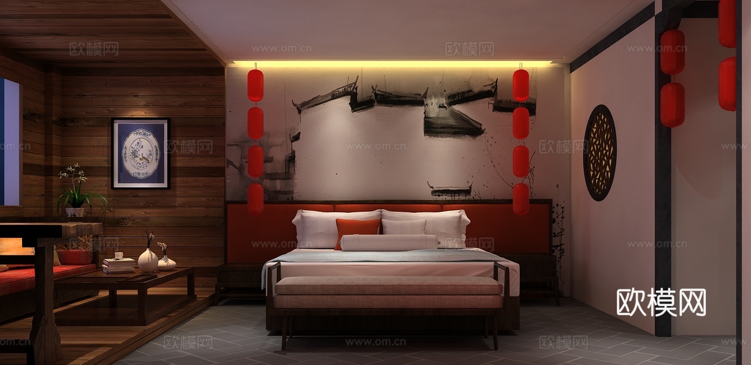 主题宾馆中式徽派印象 投影 茶几3d模型下载（渲染图2）