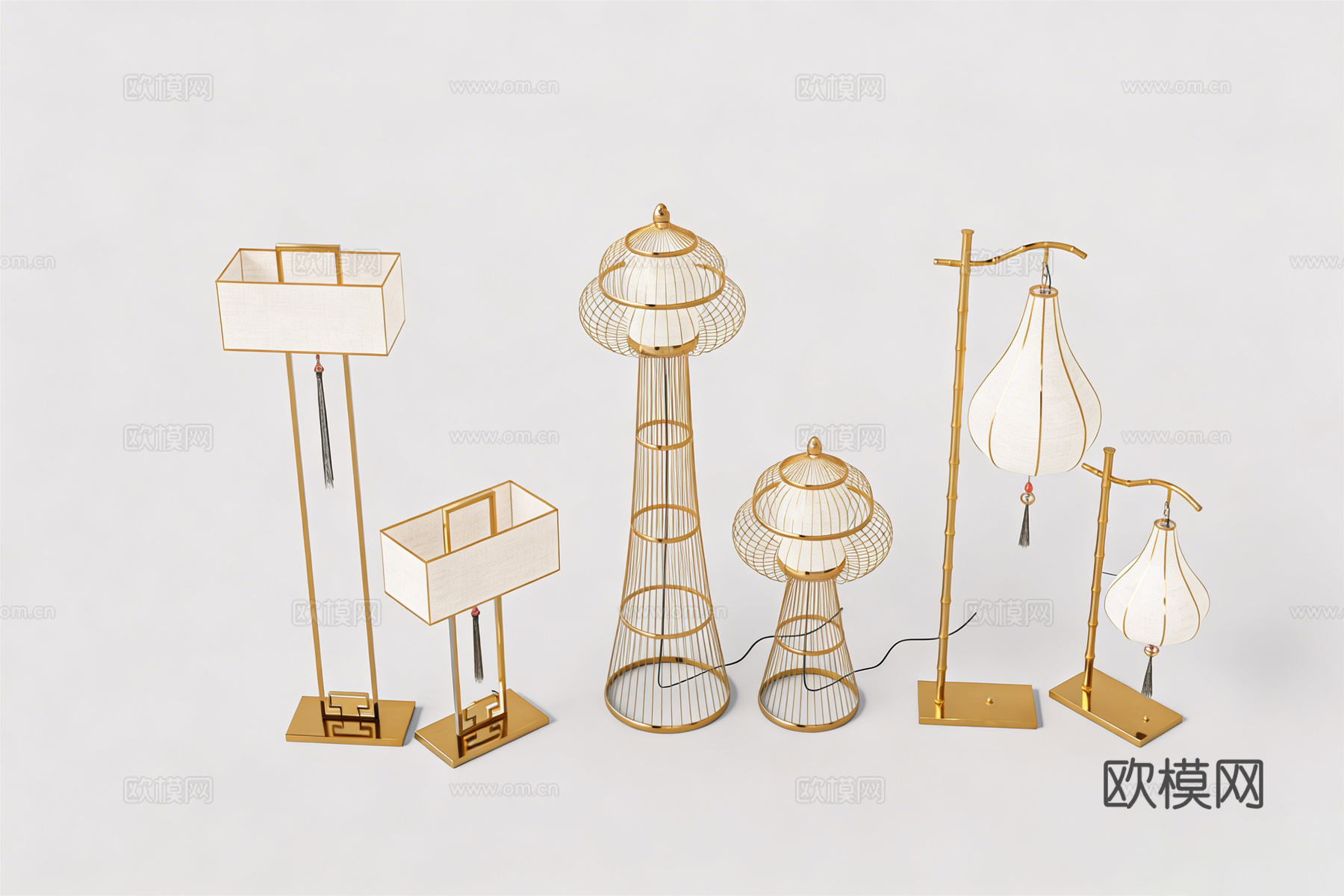 新中式金属骨架布艺灯具 塔形水滴形 流苏su模型