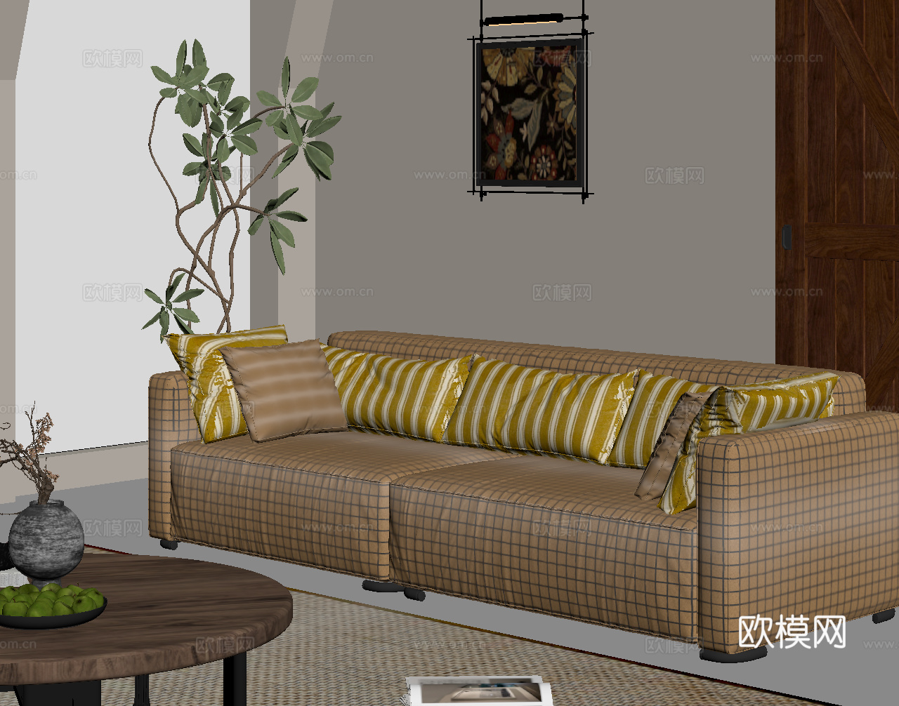 现代中古风多人沙发 布艺休闲沙发su模型