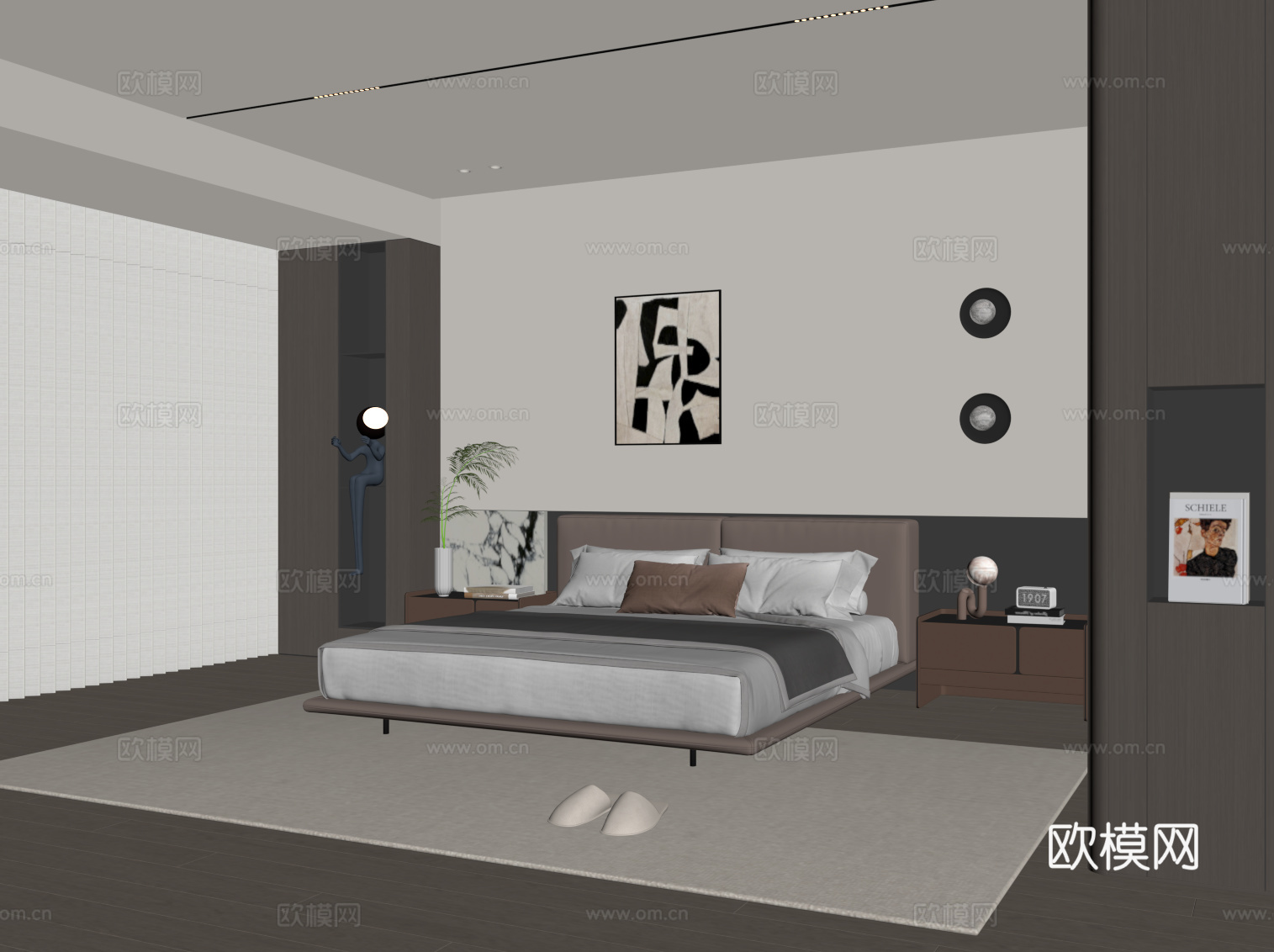 现代卧室 双人床 床头柜su模型