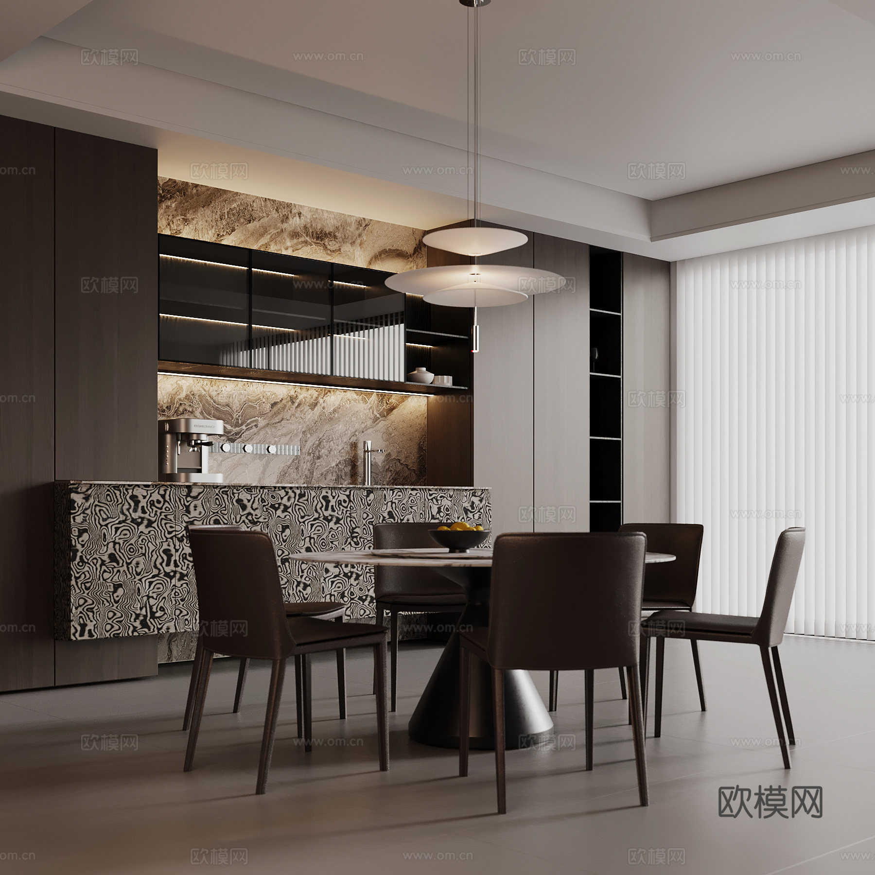现代意式餐厅 餐桌椅 酒柜su模型